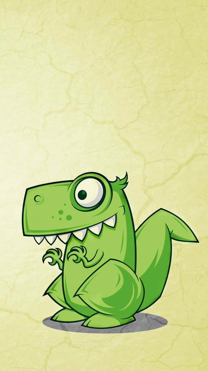 Cute Green Dinosaur 桌布 壁紙 — 一隻快樂的綠色卡通恐龍，有一隻大眼睛，坐在破裂的羊皮紙背景上。