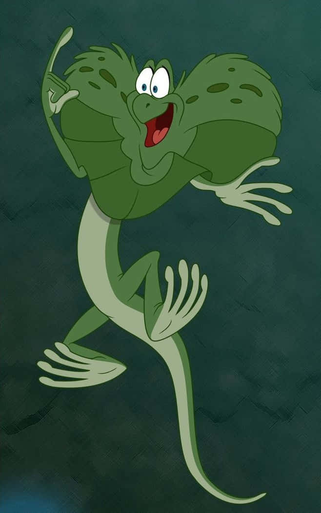 The Rescuers Down Under 桌布 壁紙 — 一隻快樂的綠色卡通蜥蜴，大眼睛，咧嘴大笑，在深色紋理背景上歡快地跳躍。