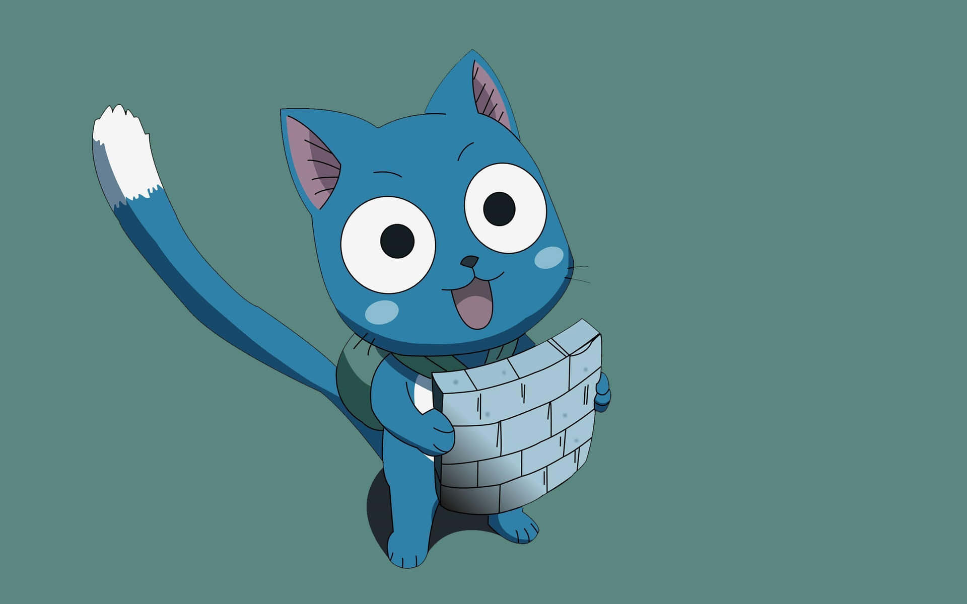 Fairy Tail Happy 桌布 壁紙 — 一隻快樂的藍色動漫貓，尾巴尖端白色，拿著磚牆，在青綠色背景上開心地揮手。