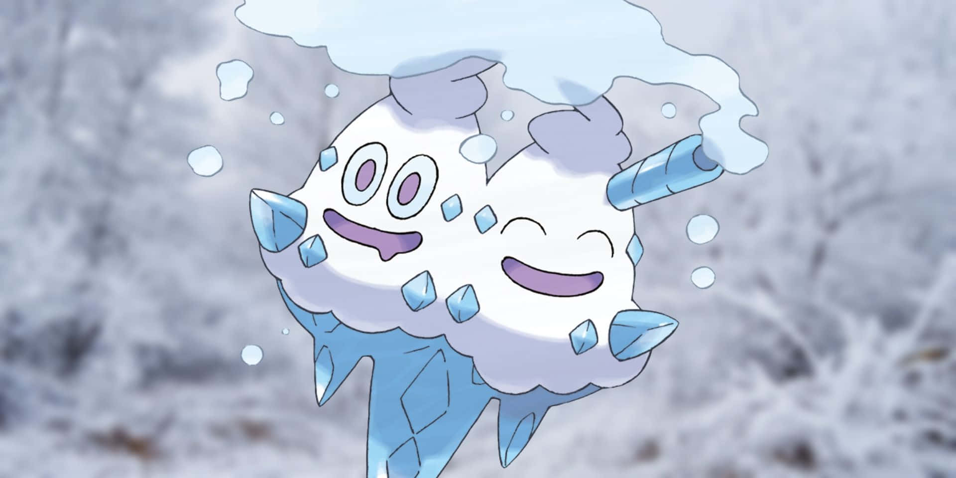 遊戲 桌布 壁紙 — 一隻快樂的雪覆蓋寶可夢，帶有冰刺和微笑的臉，在飄落的雪花中漂浮在寒冷的冬季場景中。