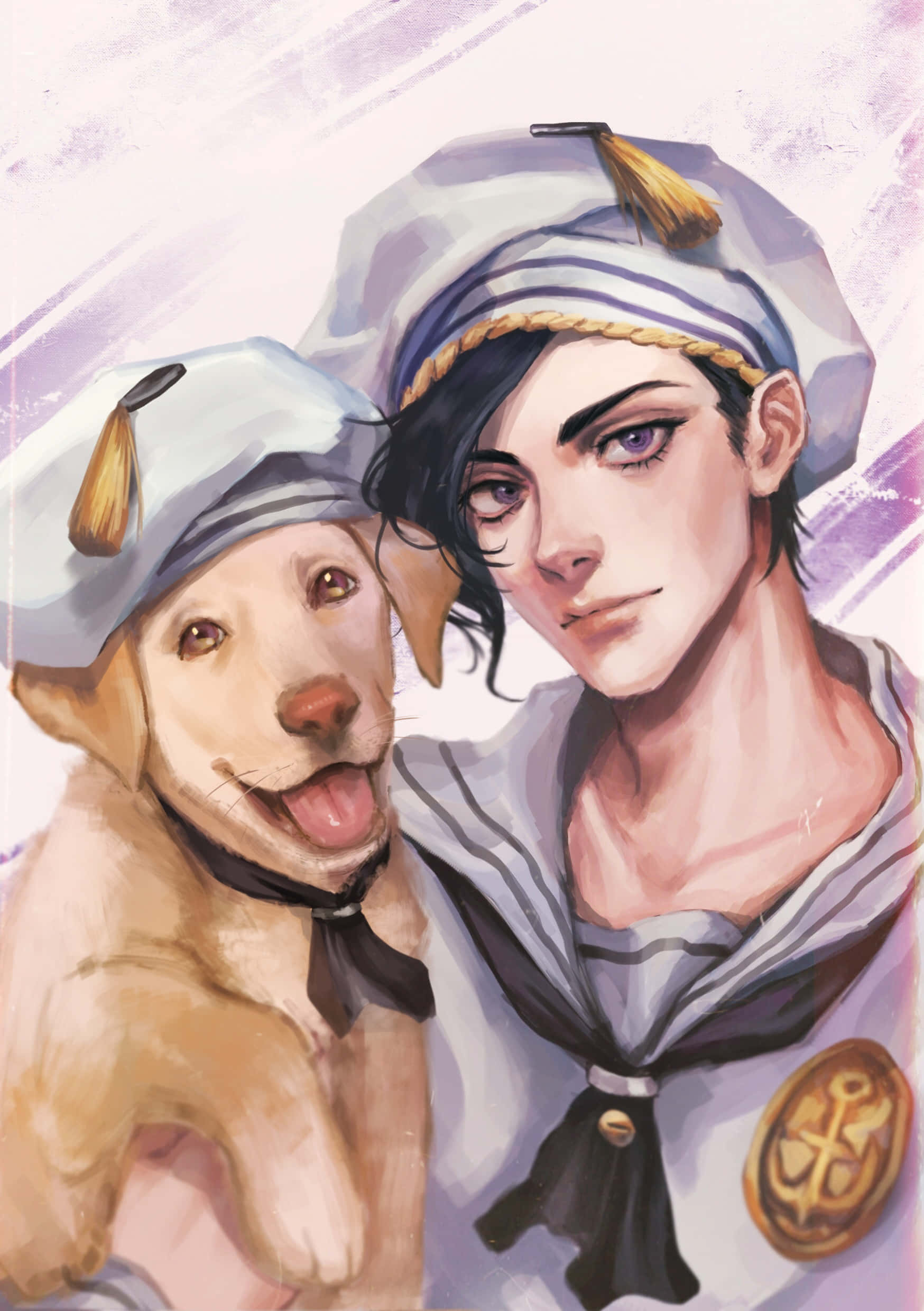 Jojolion 桌布 壁紙 — 一隻快樂的黃狗和一位紫眼睛的年輕水手，以柔和的水彩風格在紫色刷紋背景前一起擺姿勢。