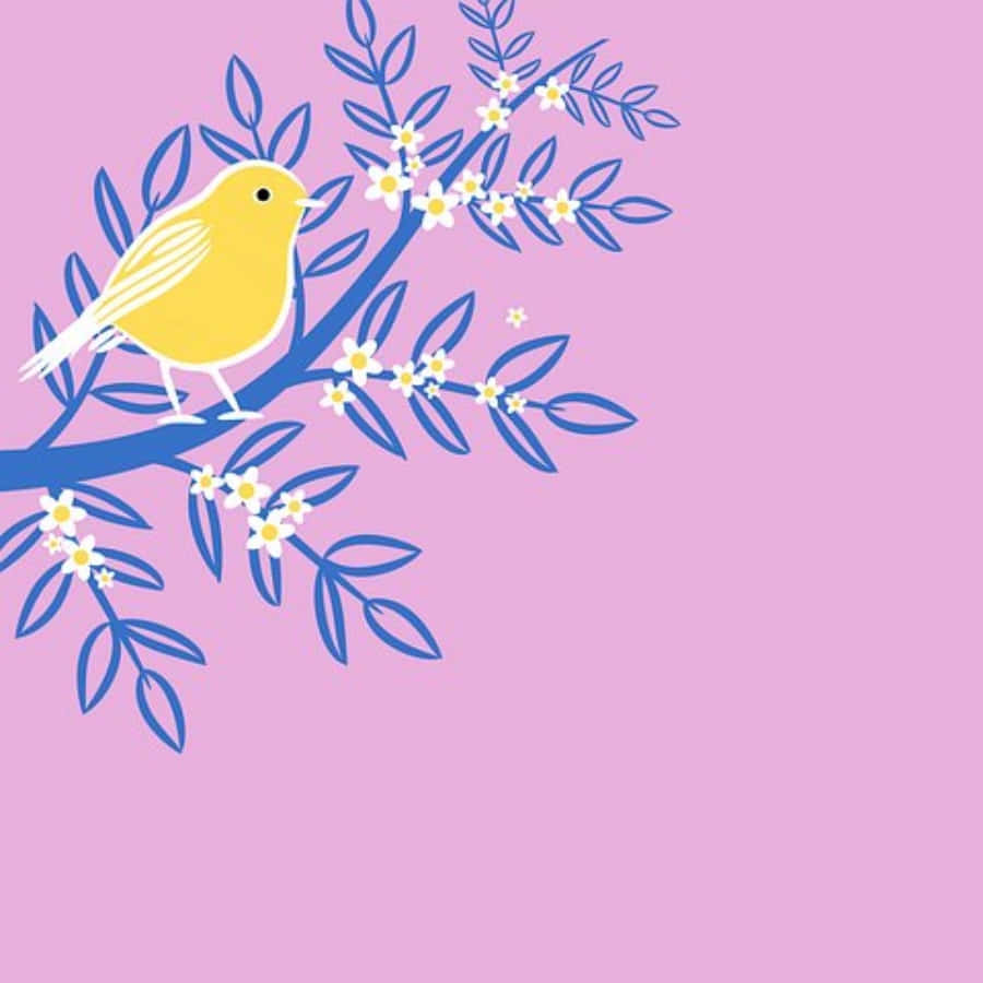 Clipart 桌布 壁紙 — 一隻快樂的黃色小鳥棲息在藍色樹枝上，枝頭綻放白色花朵，背景是柔和的粉紅色。