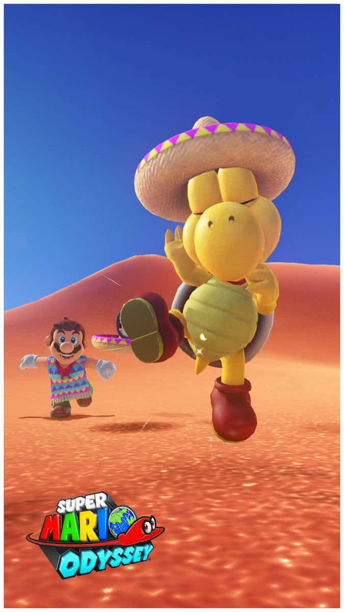 Koopa Troopa 桌布 壁紙 — 一隻快樂的黃色庫巴龜戴著墨西哥帽在沙漠中跳舞，而一個穿著色彩繽紛服裝的小馬里奧在晴朗的藍天下在他旁邊奔跑。