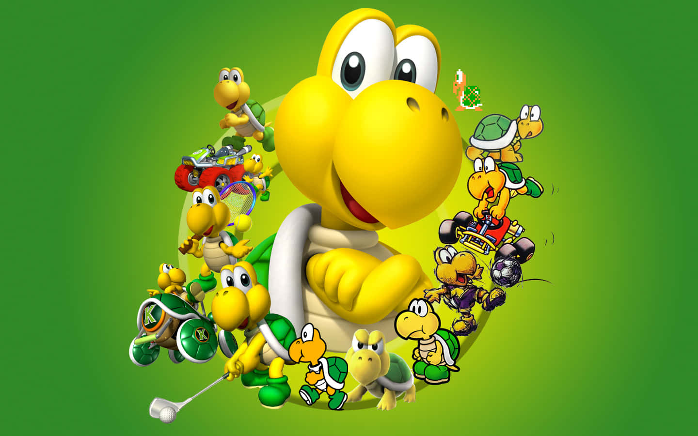 Koopa Troopa 桌布 壁紙 — 一隻快樂的黃色庫巴龜被較小的庫巴包圍，在充滿活力的綠色漸變背景上進行各種運動。