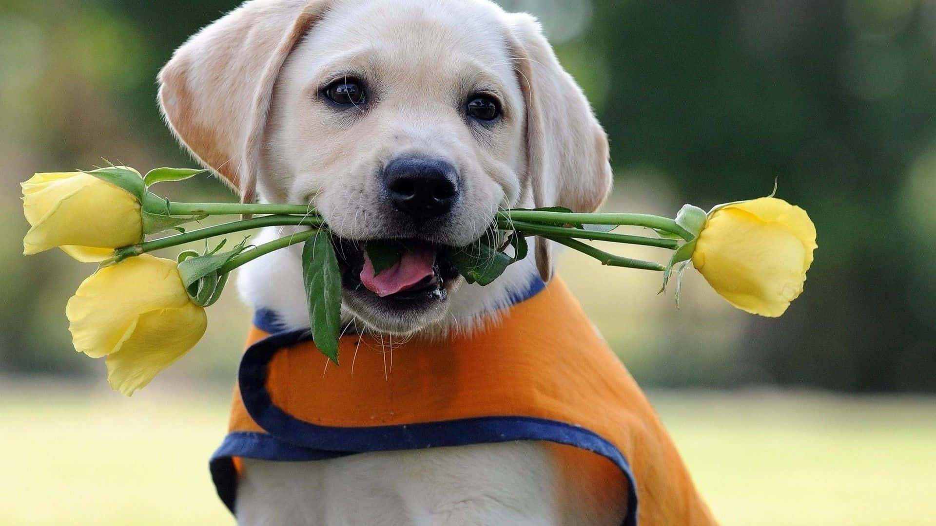 Yellow Labrador 桌布 壁紙 — 一隻快樂的黃色拉布拉多幼犬穿著橙色背心，在柔和的綠色背景前，嘴裡叼著一束黃玫瑰。