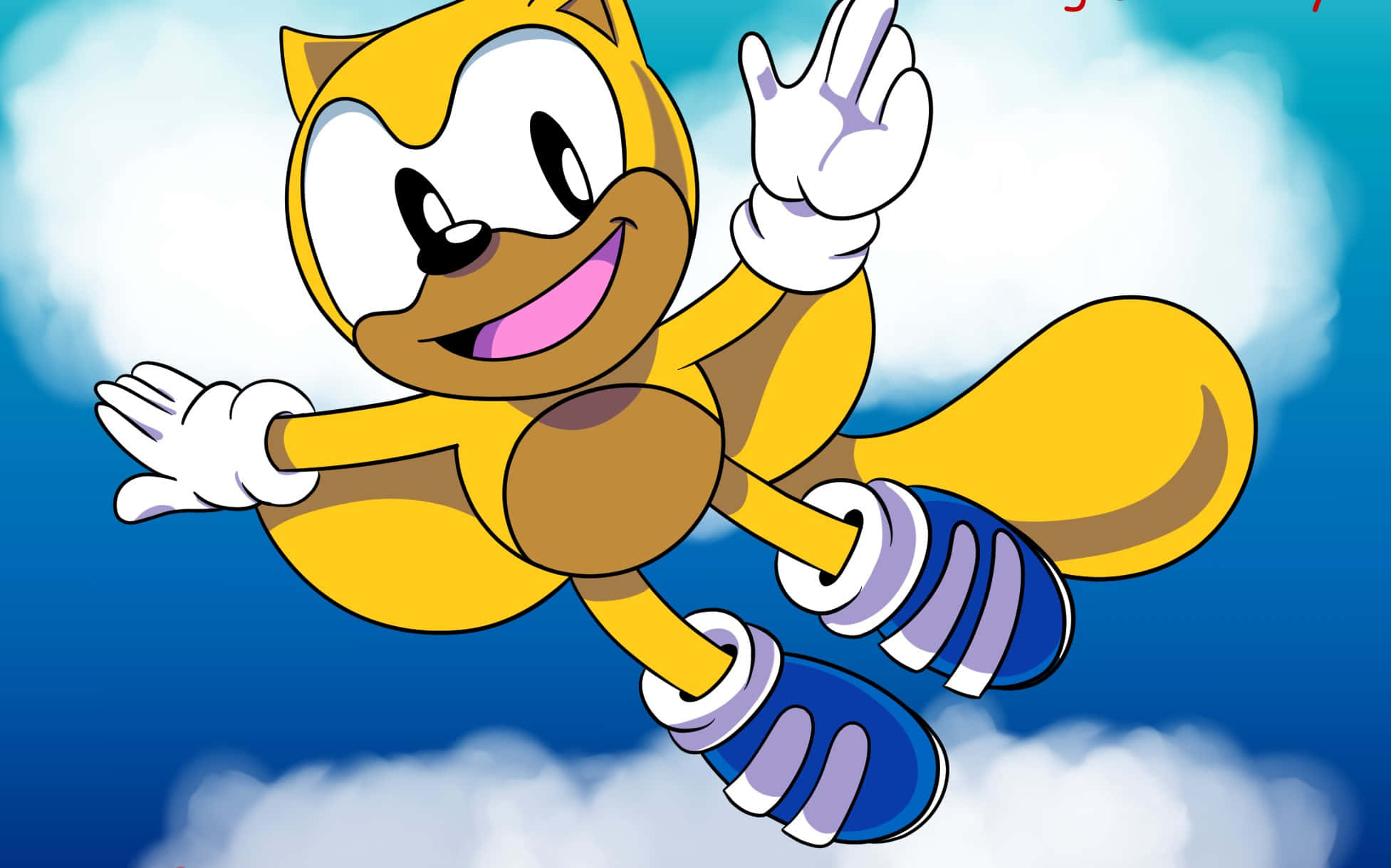 Ray The Flying Squirrel 桌布 壁紙 — 一隻快樂的黃色擬人化狐狸，有著蓬鬆的尾巴，在晴朗的藍天中翱翔，天空中有 fluffy 的白雲。