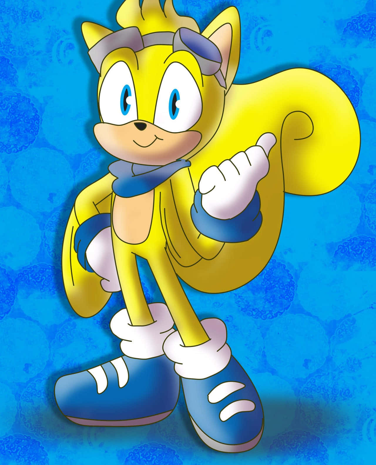 Ray The Flying Squirrel 桌布 壁紙 — 一隻快樂的黃色擬人化狐狸，穿著藍色鞋子和護目鏡，在帶有紋理的藍色背景前指向前面。