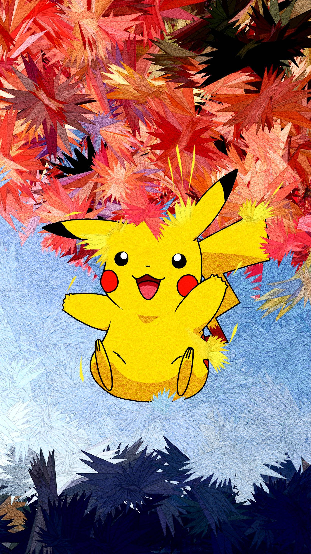 Pokemon 桌布 壁紙 — 一隻快樂的黃色比卡超在充滿活力的秋天樹冠中，穿過紅色、橙色和紫色的樹葉，在帶有紋理的藍天下歡快地跳躍。