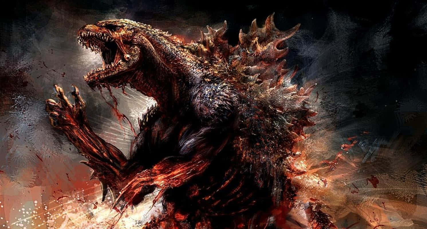 Burning Godzilla 桌布 壁紙 — 一隻怪獸哥斯拉咆哮著，血淋淋的爪子舉起，背景是黑暗煙霧彌漫，帶有火橙色和紅色的飛濺。
