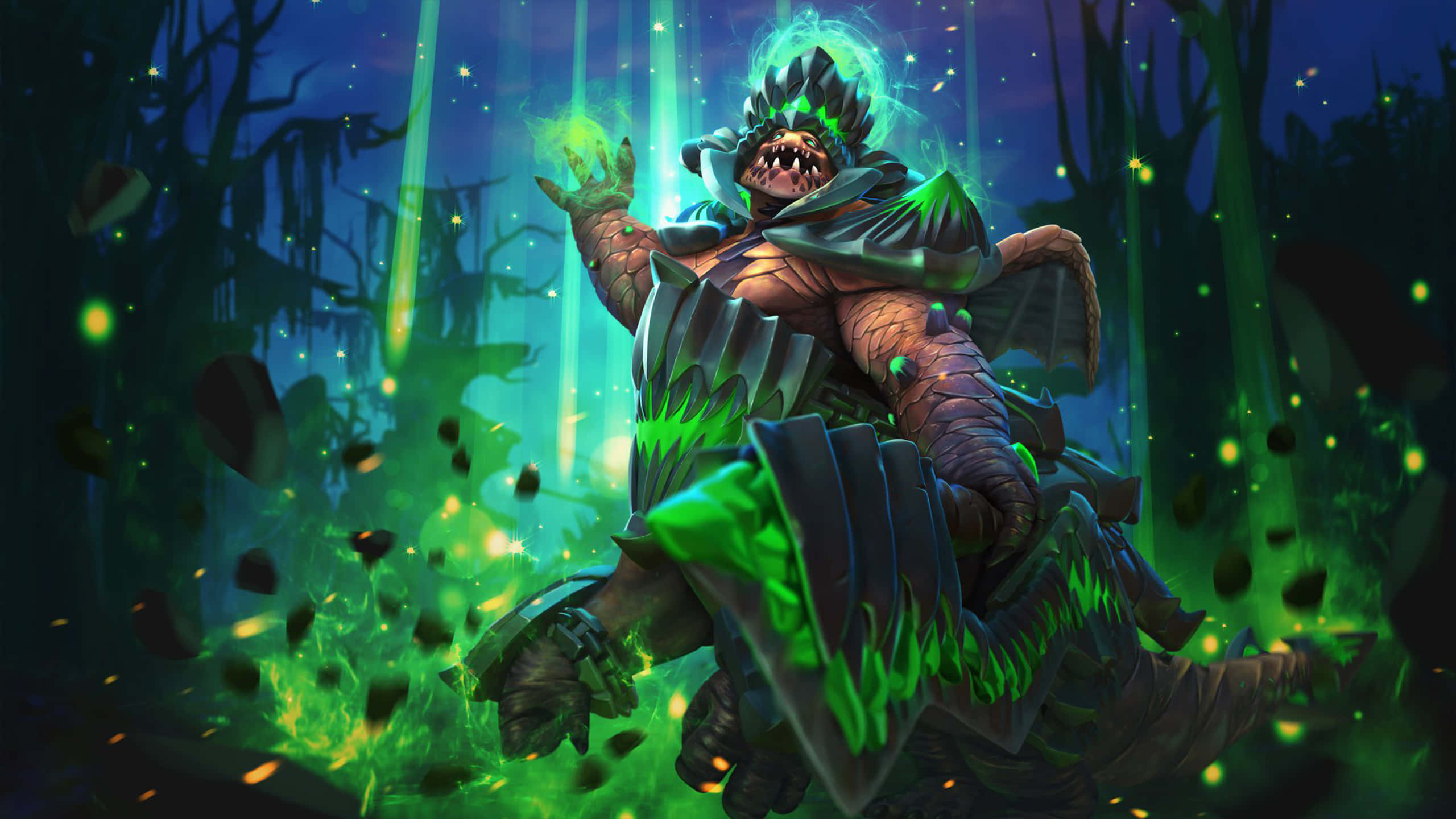 Dota 2 Heroes 桌布 壁紙 — 一隻怪獸般的龍形生物，帶有發光的綠色能量，從黑暗的森林中爆發出來，周圍環繞著漂浮的餘燼和神秘的光芒。