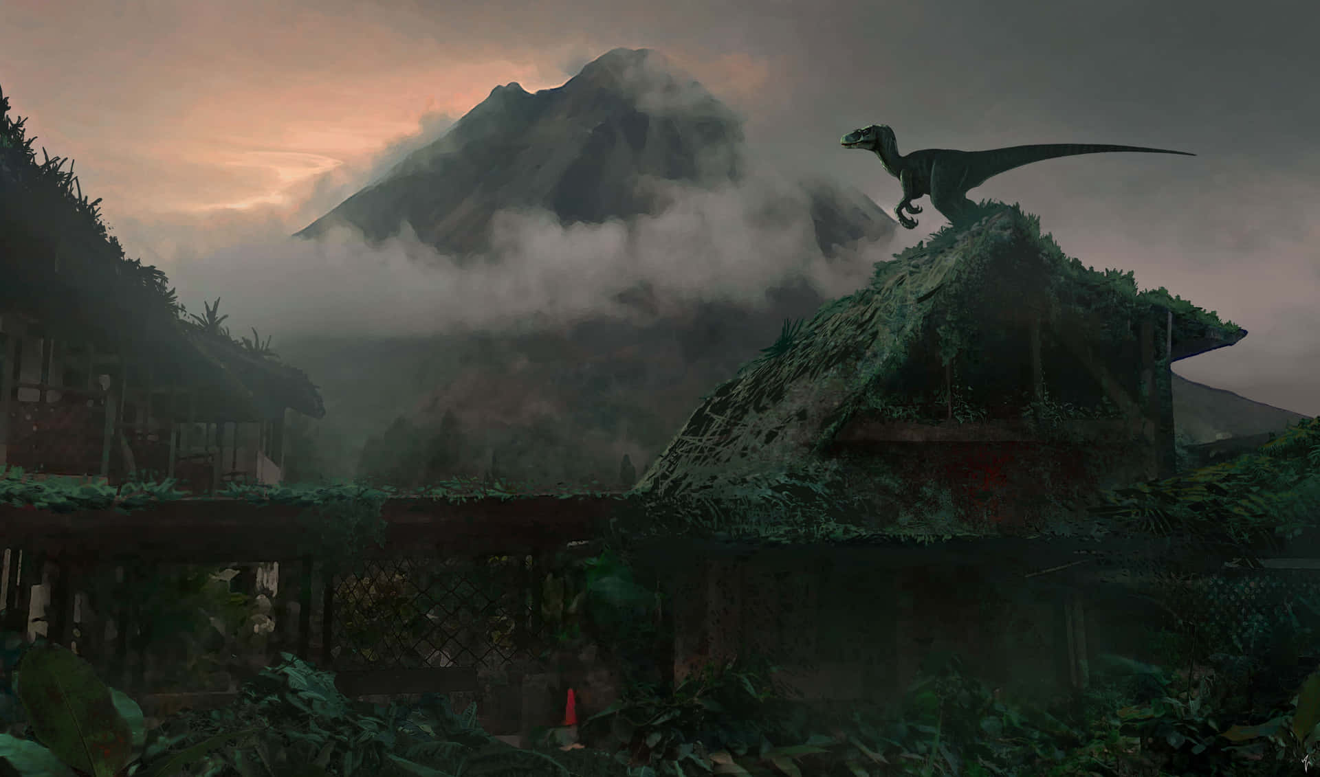 黃昏時分，恐龍在屋頂上，背景是霧濛濛的火山 — 侏羅紀公園 壁紙
