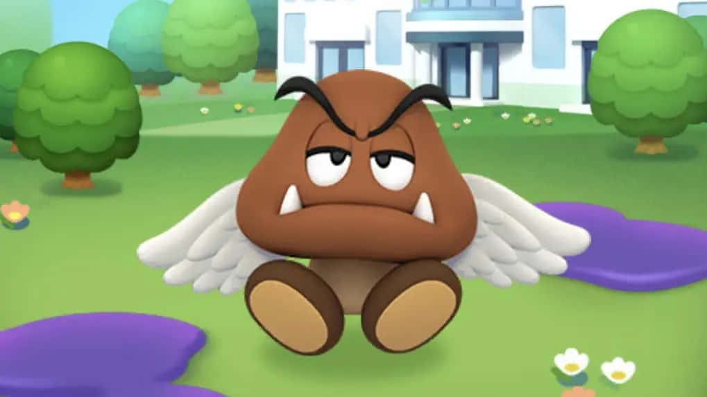 Goomba 桌布 壁紙 — 一隻憤怒的棕色Goomba帶著白色翅膀漂浮在充滿活力的綠色草坪上，點綴著紫色斑塊和卡通樹木。
