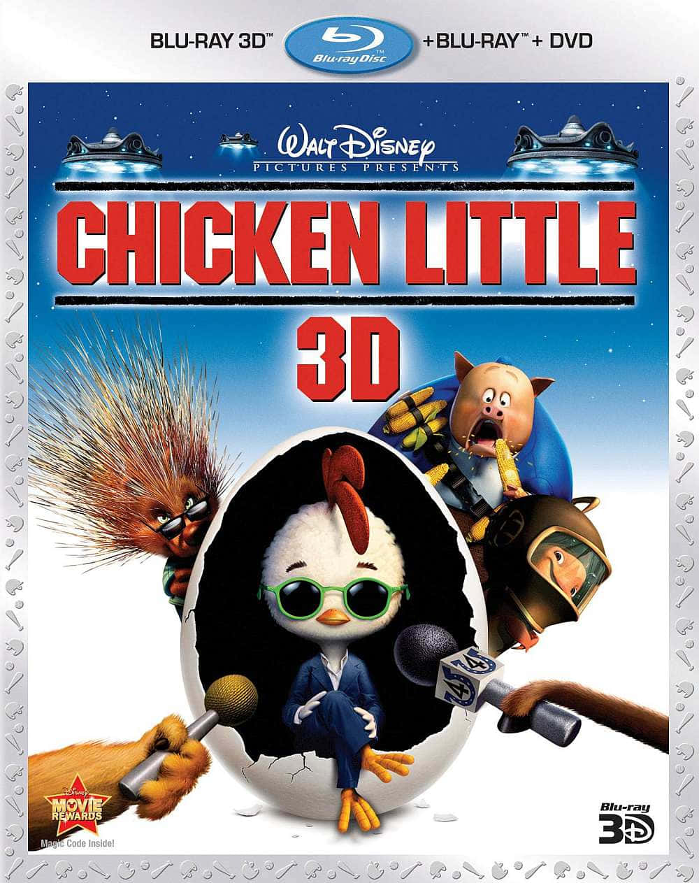Disney 3d Movies 桌布 壁紙 — 一隻戴太陽眼鏡的卡通小雞從蛋中出來，被記者包圍，還有一隻戴藍色頭盔的驚訝豬。