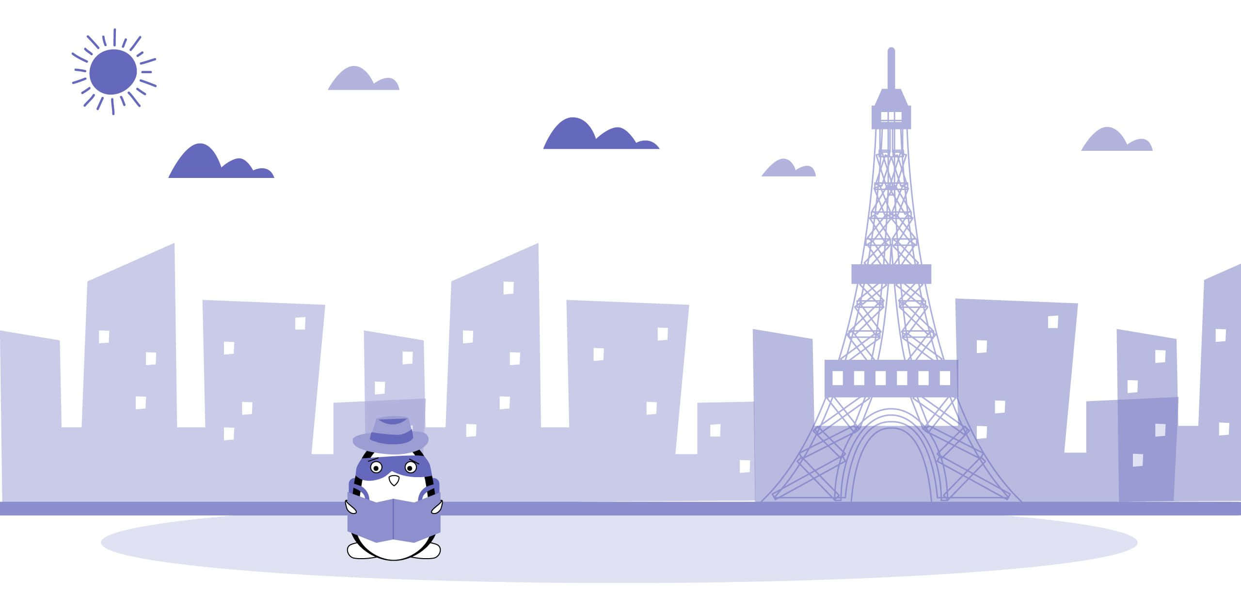 french 桌布 壁紙 — 一隻戴帽子的可愛企鵝在極簡紫色巴黎天際線（含艾菲爾鐵塔）前看書。