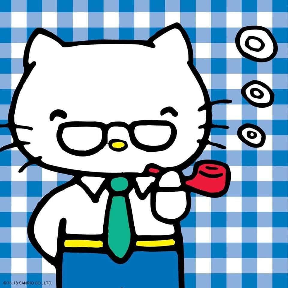 戴眼鏡打領帶的卡通貓在格仔背景上抽煙斗。 — 美學白色動態圖 壁紙