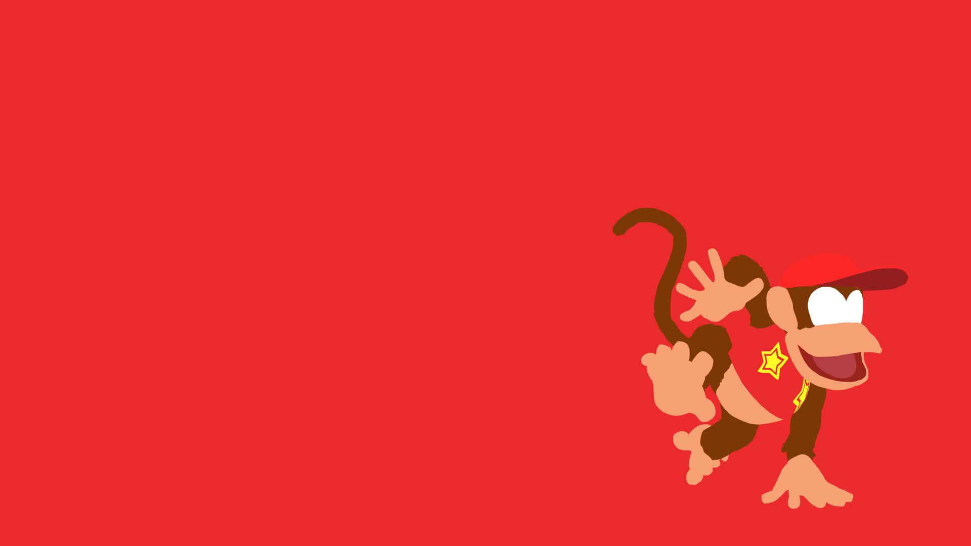 Diddy Kong 桌布 壁紙 — 一隻戴紅帽和星星徽章的開心卡通猴子，在純紅色背景上愉快地揮手。