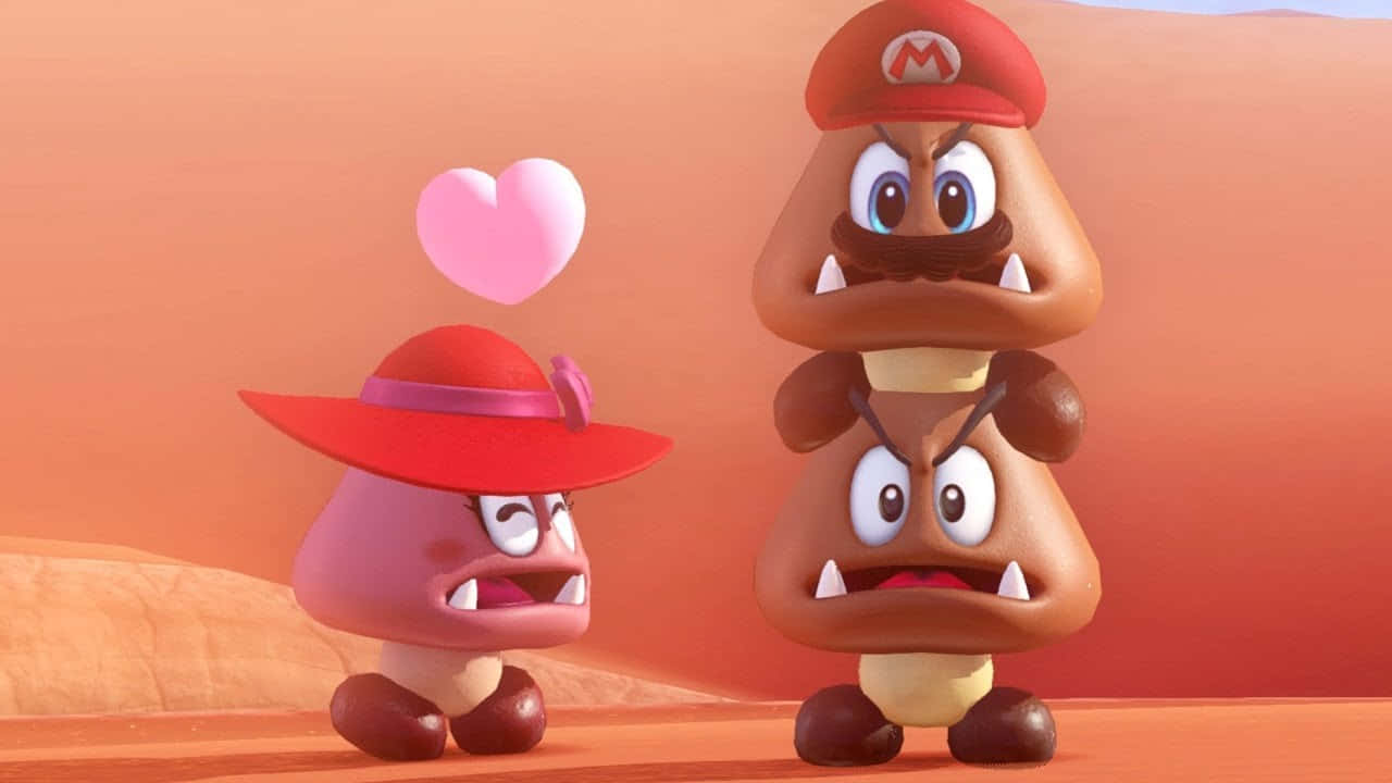 Goomba 桌布 壁紙 — 一隻戴紅帽的粉紅色栗子仔在沙漠景觀中深情地望著疊在一起的兩隻慢慢龜。