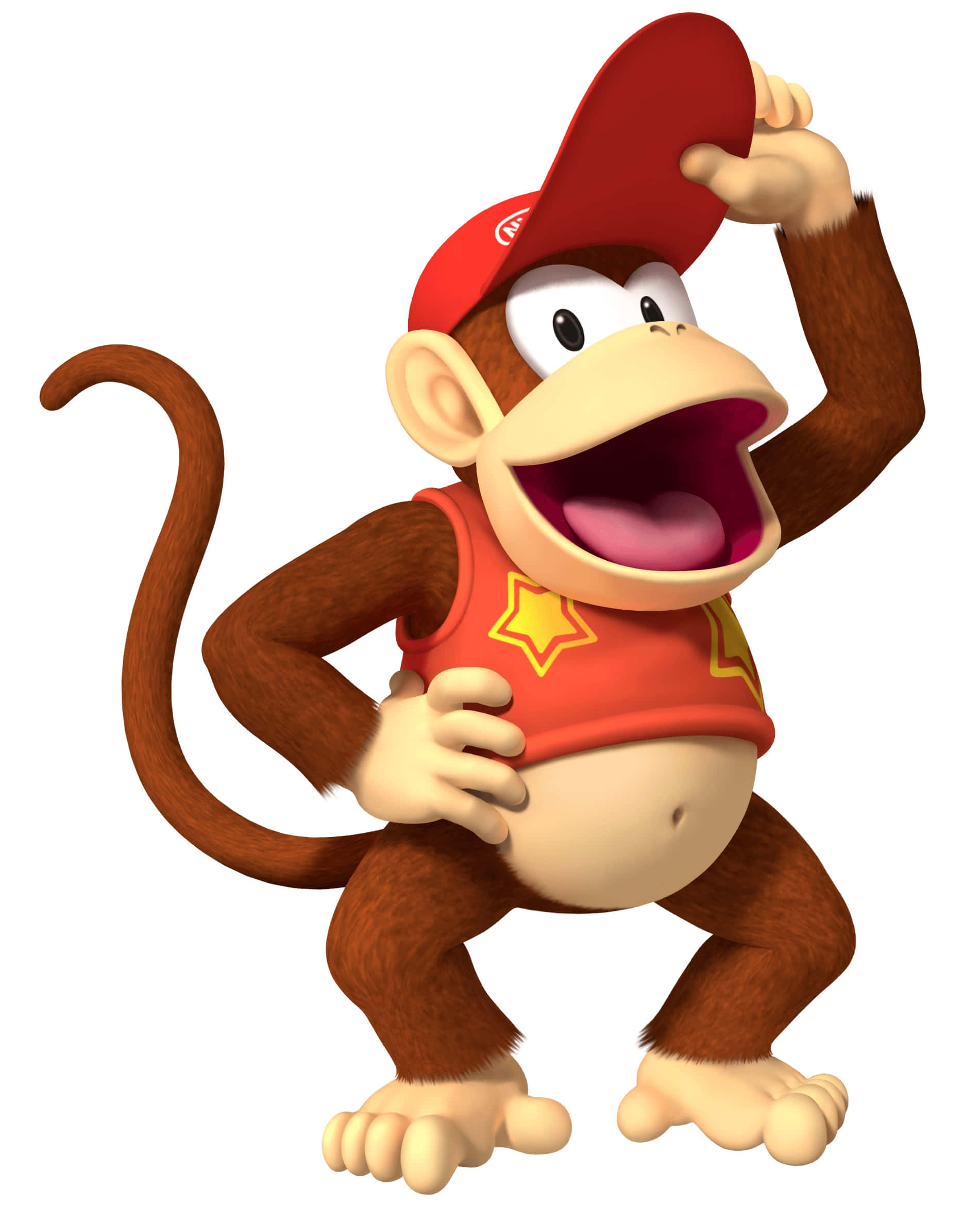 Diddy Kong 桌布 壁紙 — 一隻戴紅色帽和背心的開心卡通猴子，在白色背景上單手敬禮，露出燦爛笑容。