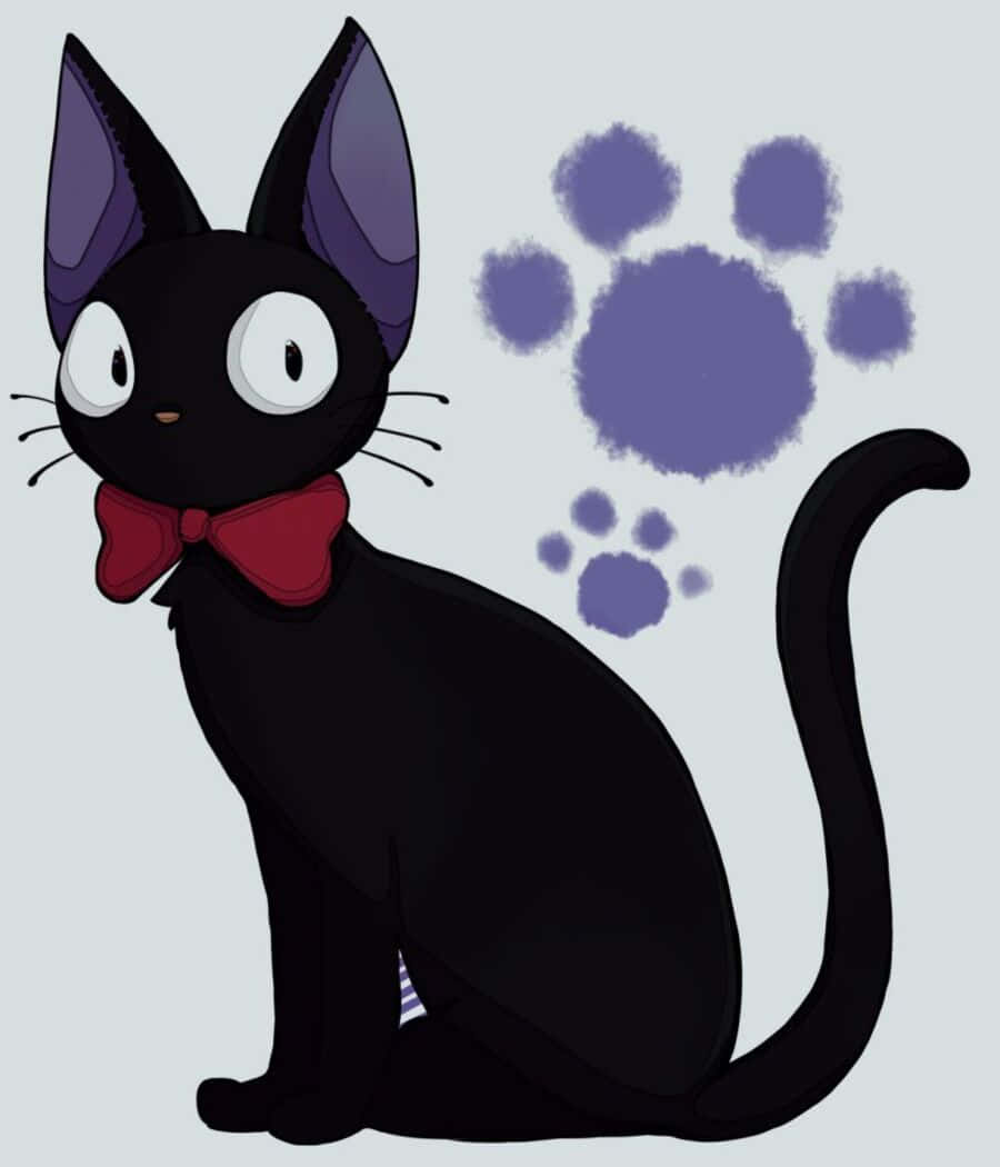 Jiji Cat 桌布 壁紙 — 一隻戴紅色蝴蝶結的黑色動漫貓咪坐在淺灰色背景上的紫色腳印旁邊。