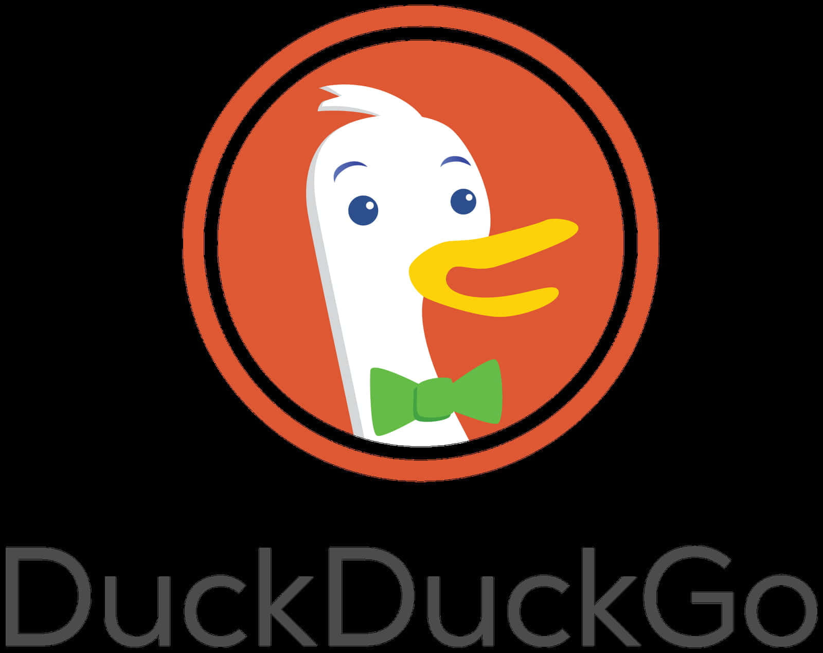 Duckduckgo 桌布 壁紙 — 一隻戴綠色蝴蝶結的卡通鴨子，位於橙色圓圈內，背景為黑色，並帶有文字 DuckDuckGo。