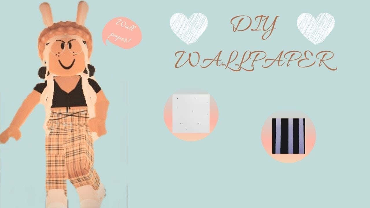 Roblox Aesthetic 桌布 壁紙 — 一隻戴著兔耳和格仔褲的開心卡通兔角色，站在柔和的青綠色背景上，旁邊有DIY牆紙設計範例。
