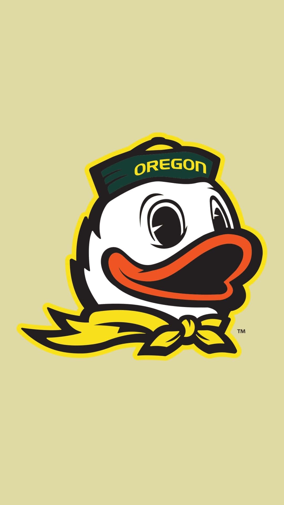 Oregon Ducks 桌布 壁紙 — 一隻戴著印有「OREGON」的綠色帽子和黃色蝴蝶結、在淺黃色背景上的開心卡通鴨吉祥物。