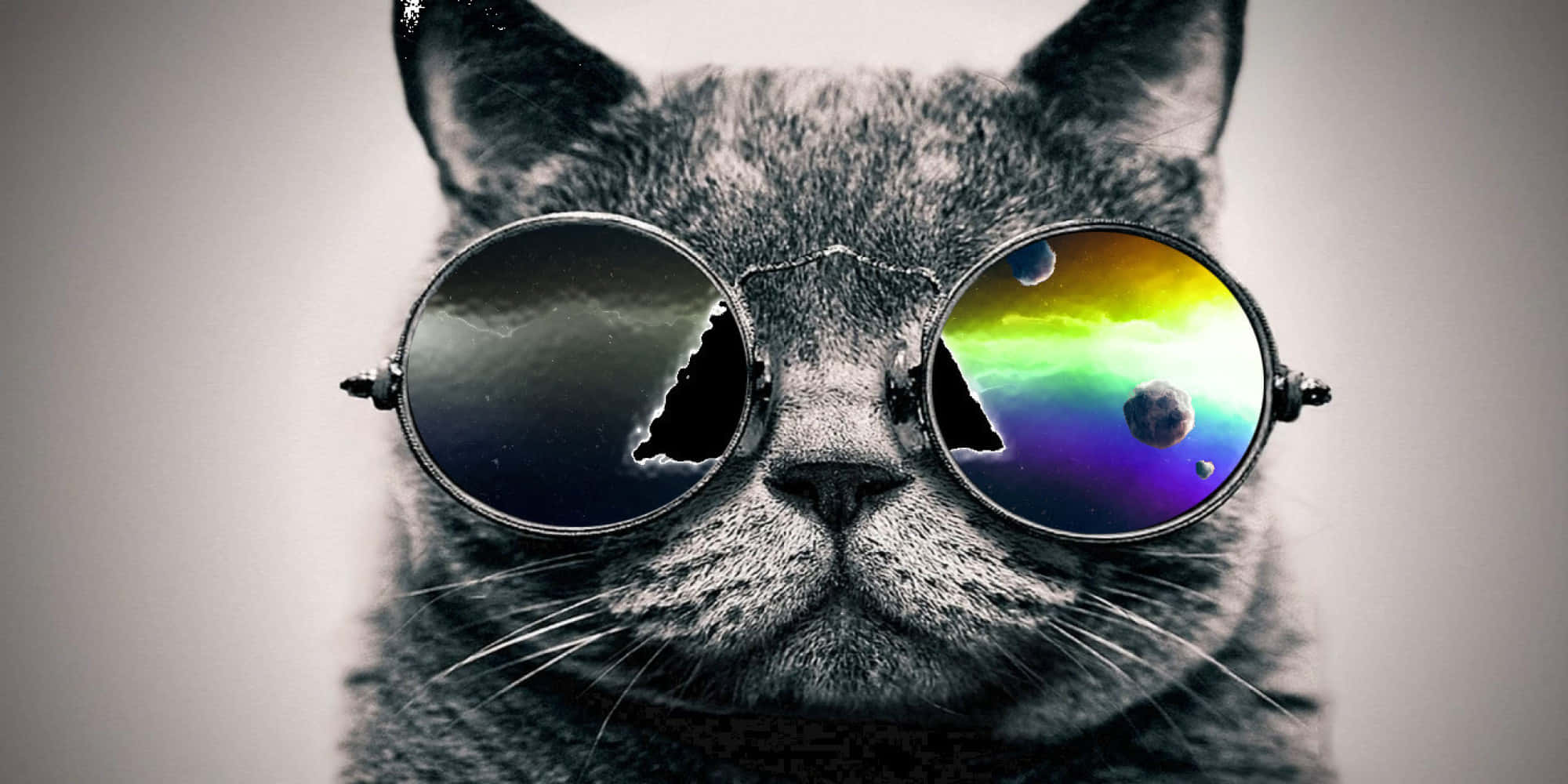 Cool Cat 桌布 壁紙 — 一隻戴著圓框眼鏡的灰色貓咪，反射出充滿鮮豔星雲和黑暗行星的宇宙場景。