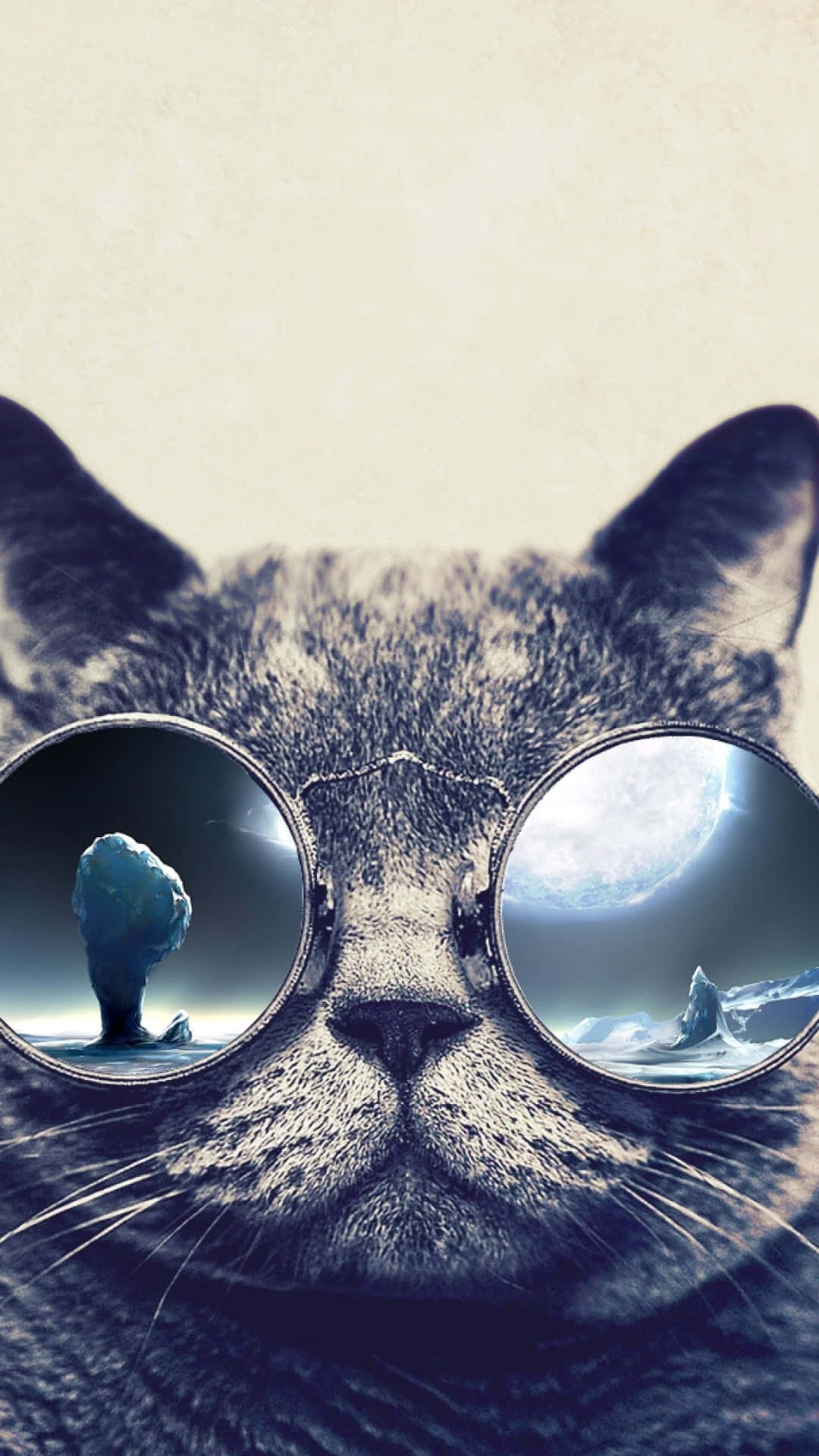 Cool Cat 桌布 壁紙 — 一隻戴著圓框眼鏡的貓咪，在紋理米色背景上，每個鏡片都反射出冰冷的異星風景。