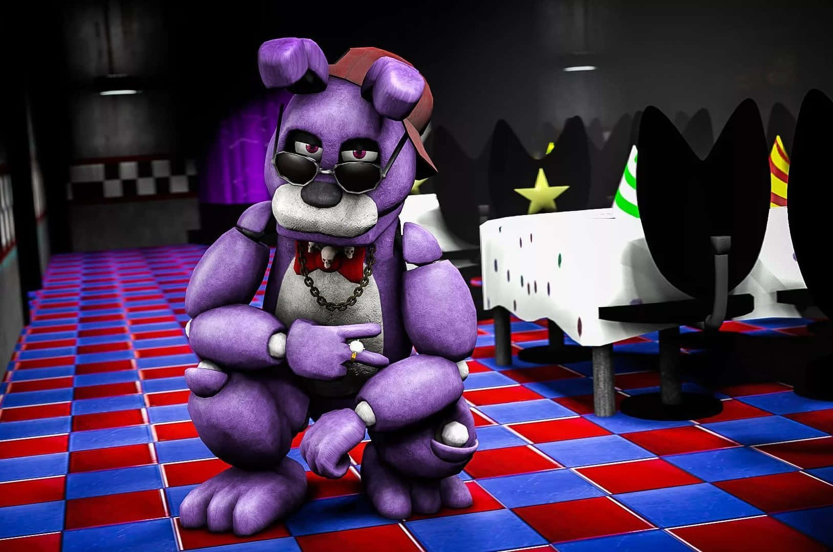 Bonnie The Bunny 桌布 壁紙 — 一隻戴著太陽眼鏡和帽子的紫色電子熊坐在光線昏暗的薄餅店內紅藍格子地板上。