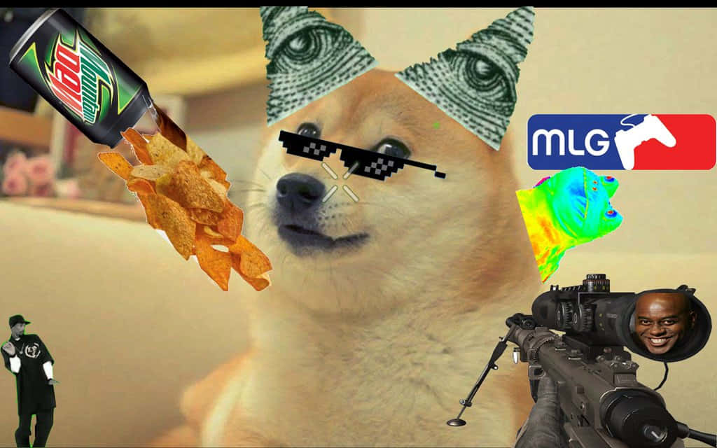 Dog Memes 桌布 壁紙 — 一隻戴著太陽眼鏡和美元鈔票耳朵的迷因狗，被遊戲和零食圖像包圍。