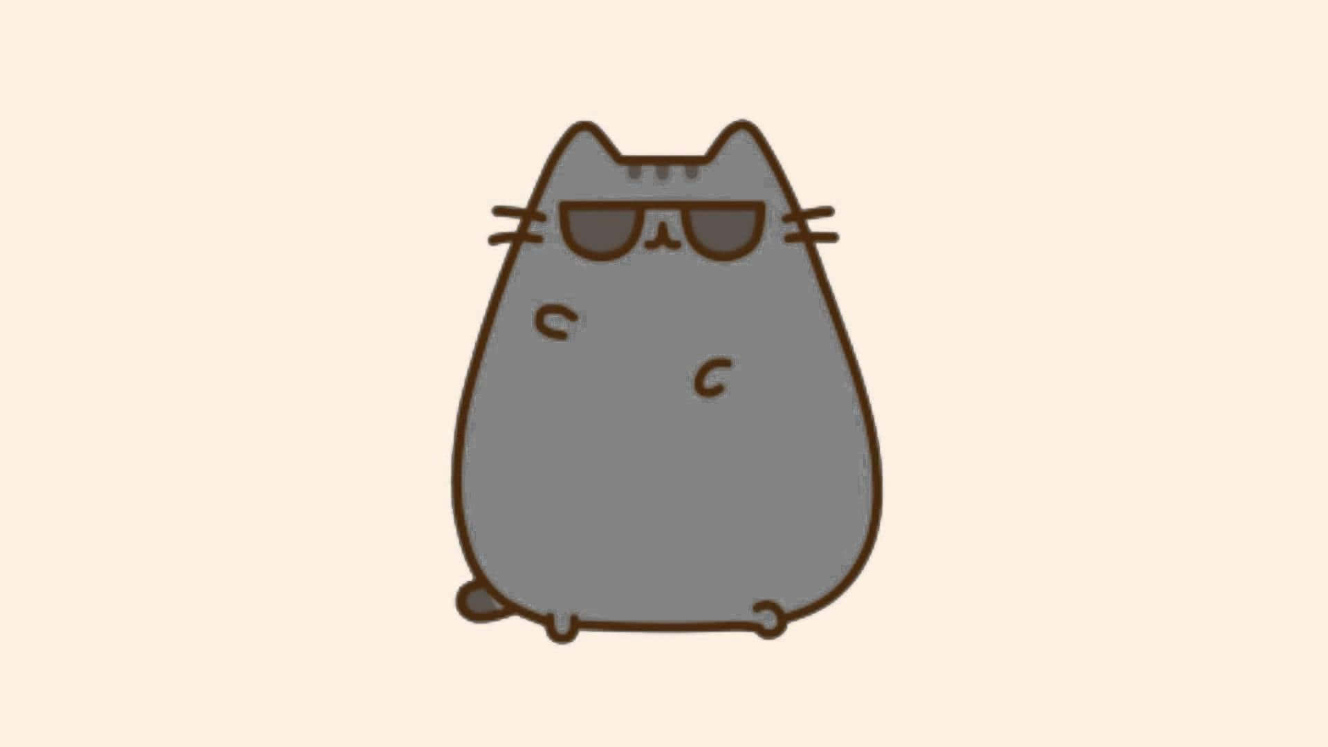 Pusheen 桌布 壁紙 — 一隻戴著太陽眼鏡的胖灰色卡通貓咪，靜靜地坐在柔和的米色背景前。