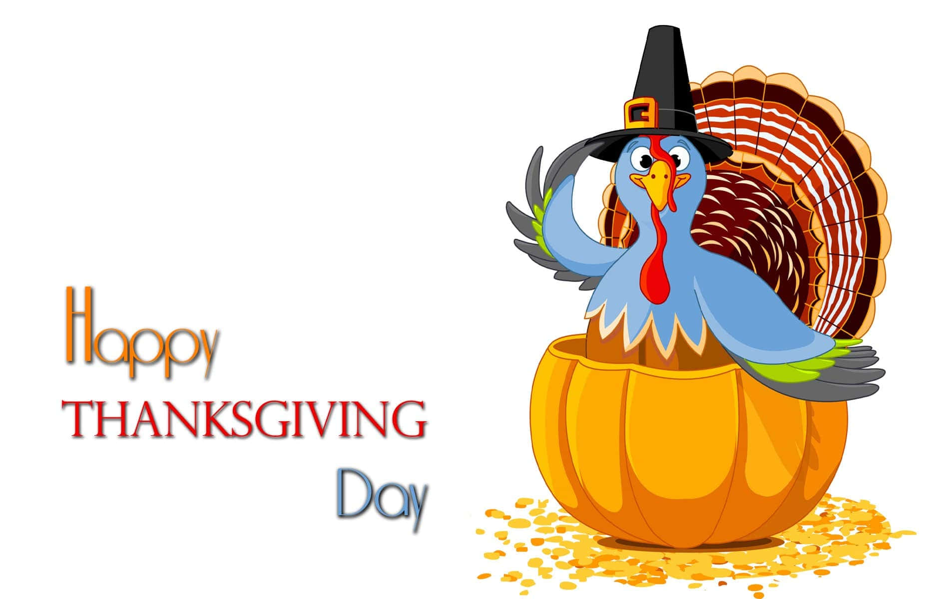 Happy Thanksgiving 桌布 壁紙 — 一隻戴著朝聖者帽子的火雞坐在南瓜裡，周圍散落著種子和節日文字。