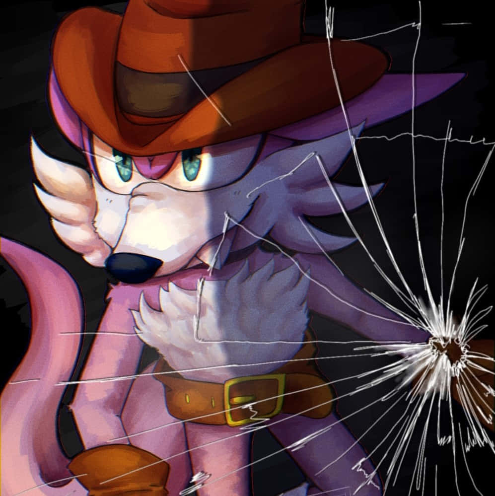 Fang The Sniper 桌布 壁紙 — 一隻戴著棕色牛仔帽和皮帶的紫色擬人狐狸，透過破碎的玻璃用強烈的綠色眼睛凝視。