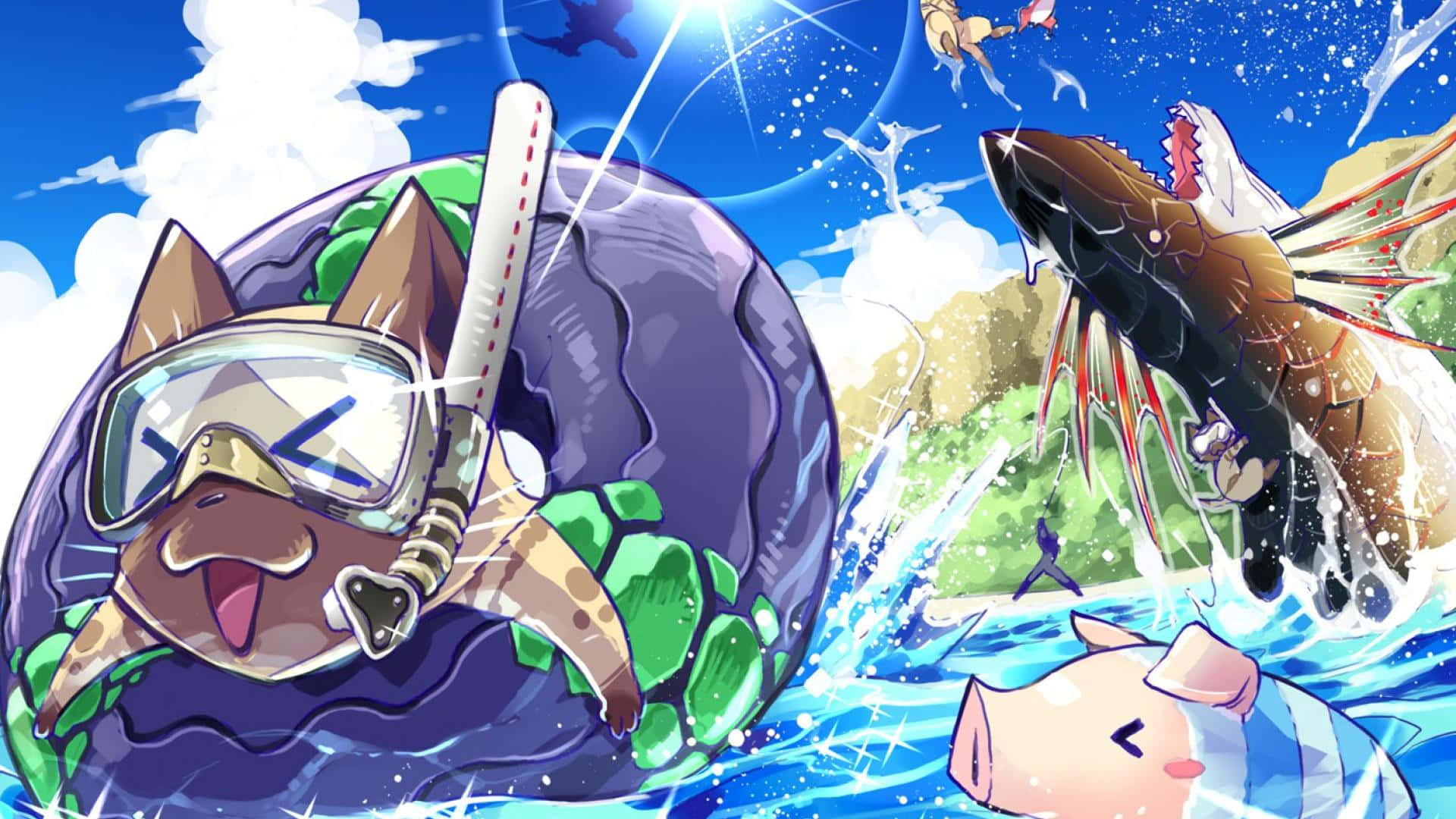 Monster Hunter Monsters 桌布 壁紙 — 一隻戴著潛水裝備的快樂貓咪，在一幅充滿活力的動漫海洋場景中，快樂地游在一條巨魚和一隻豬旁邊。