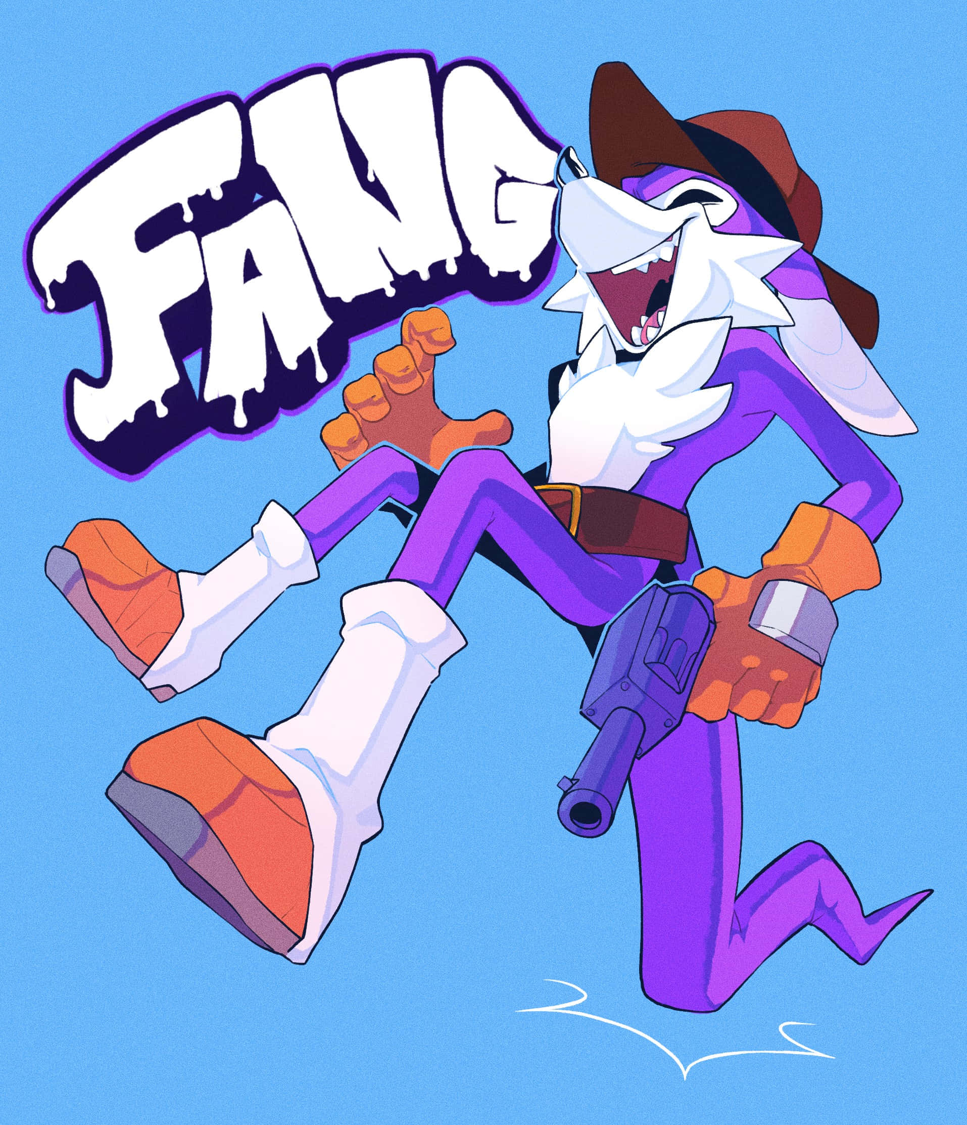 Fang The Sniper 桌布 壁紙 — 一隻戴著牛仔帽、身穿紫色西裝的卡通狼，在純藍色背景上動態跳躍，手持手槍。