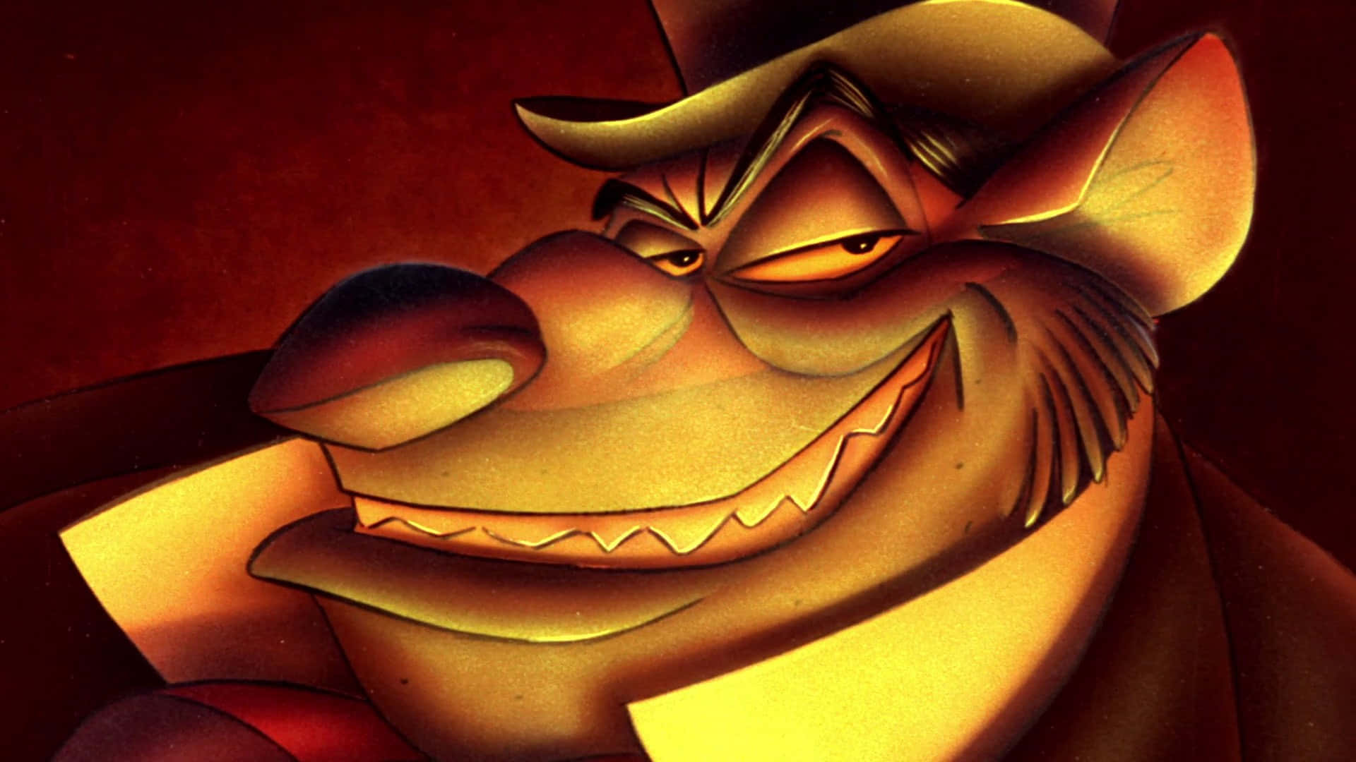 The Great Mouse Detective 桌布 壁紙 — 一隻戴著牛仔帽的卡通狐狸，在溫暖戲劇性的燈光下露出尖牙，露出邪惡的笑容。