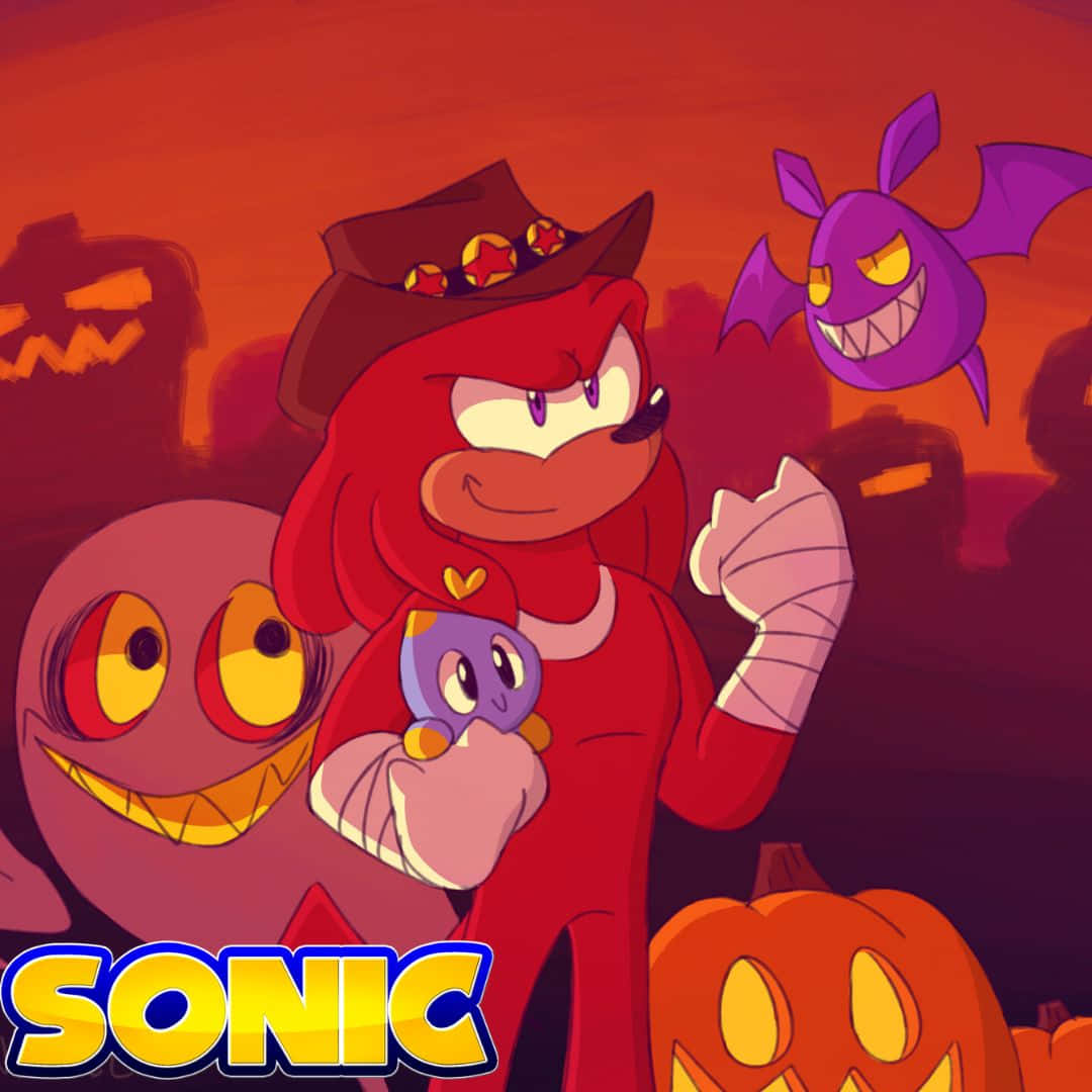 Sonic Pumpkin Hill 桌布 壁紙 — 一隻戴著牛仔帽的紅色刺蝟微笑著抱著一隻紫色小生物，周圍有南瓜燈和蝙蝠，背景是火橙色的天空。
