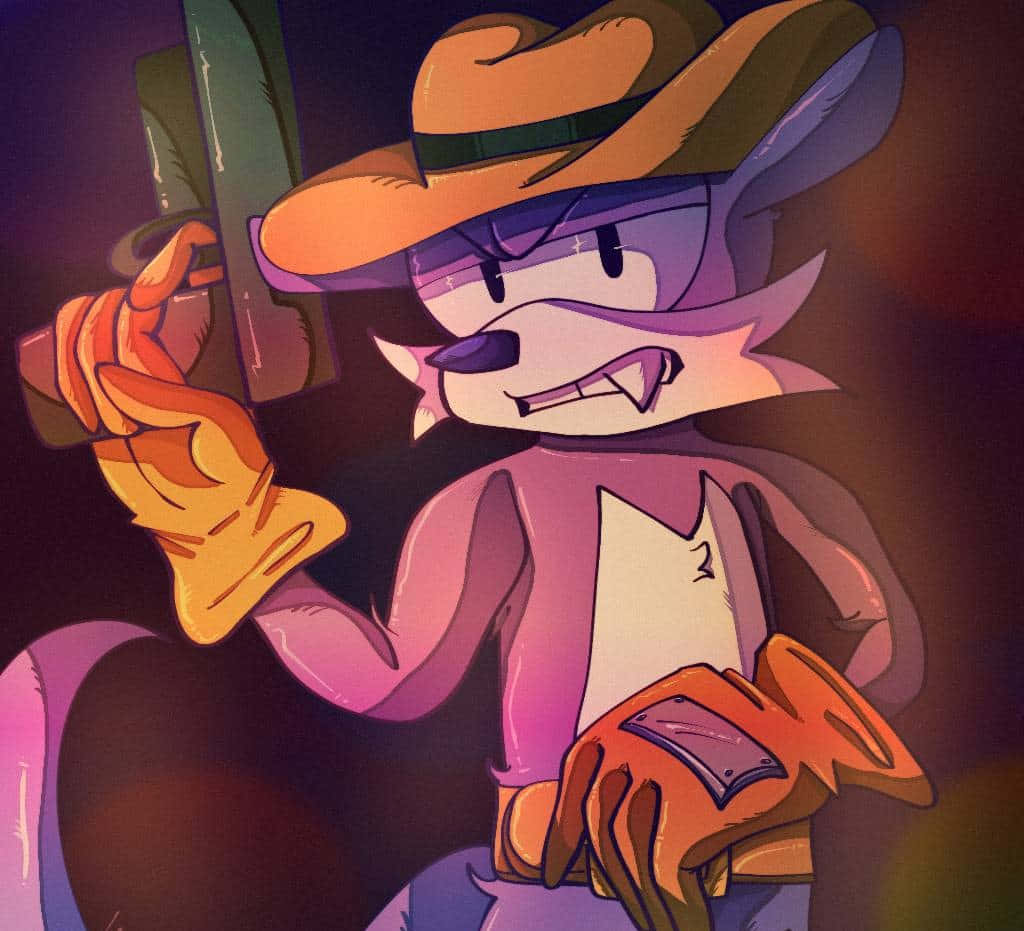 Fang The Sniper 桌布 壁紙 — 一隻戴著牛仔帽的紫色擬人狐狸，在溫暖戲劇性的燈光下，以兇猛的表情揮舞著槍。