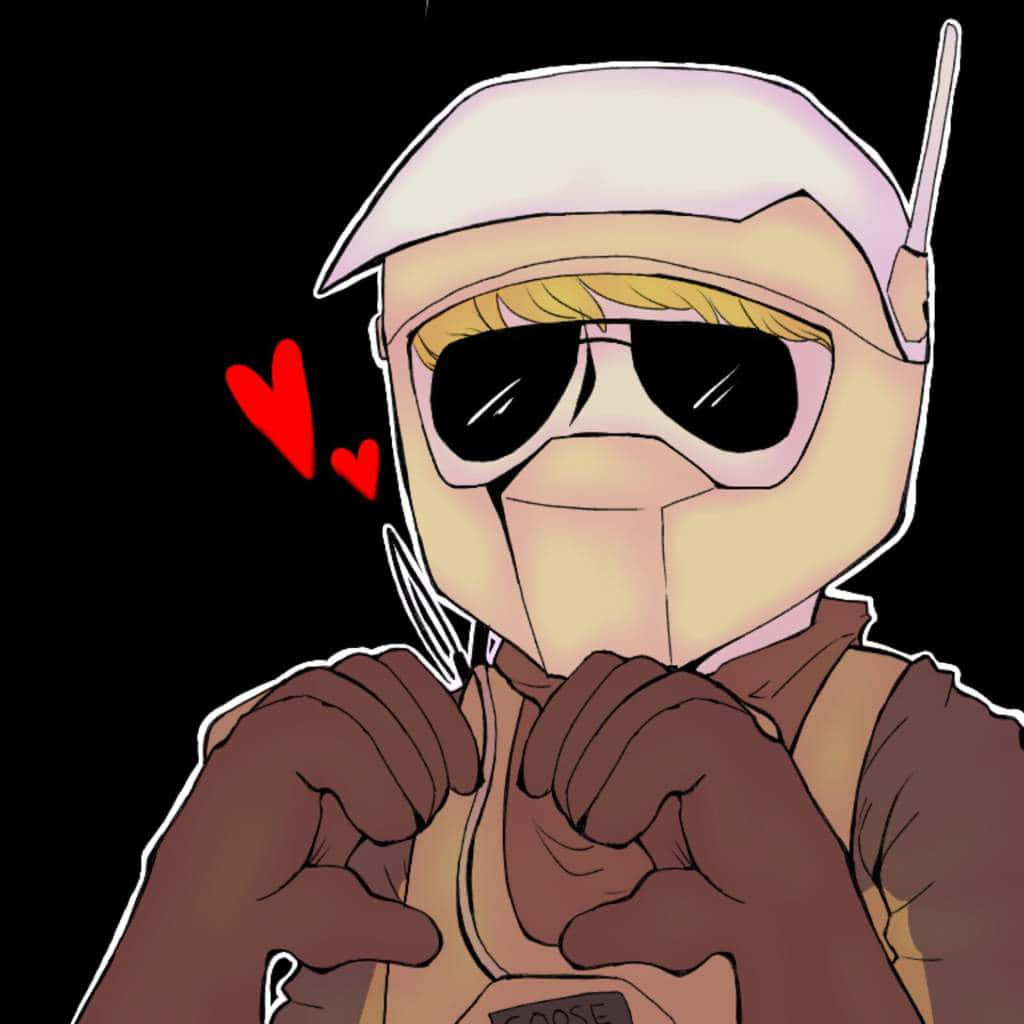 Rainbow Six Siege Mozzie 桌布 壁紙 — 一隻戴著白色頭盔和太陽眼鏡的卡通鵝，在黑色背景上漂浮著紅色心形，用雙手做出心形手勢。