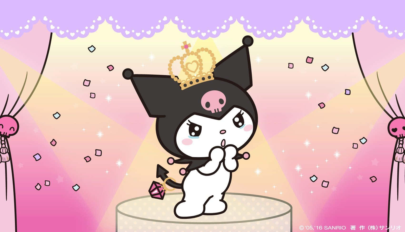 Kuromi Aesthetic 桌布 壁紙 — 一隻戴著皇冠的可愛黑白卡通貓站在舞台上，粉紅色和黃色的聚光燈下，五彩紙屑飄落。