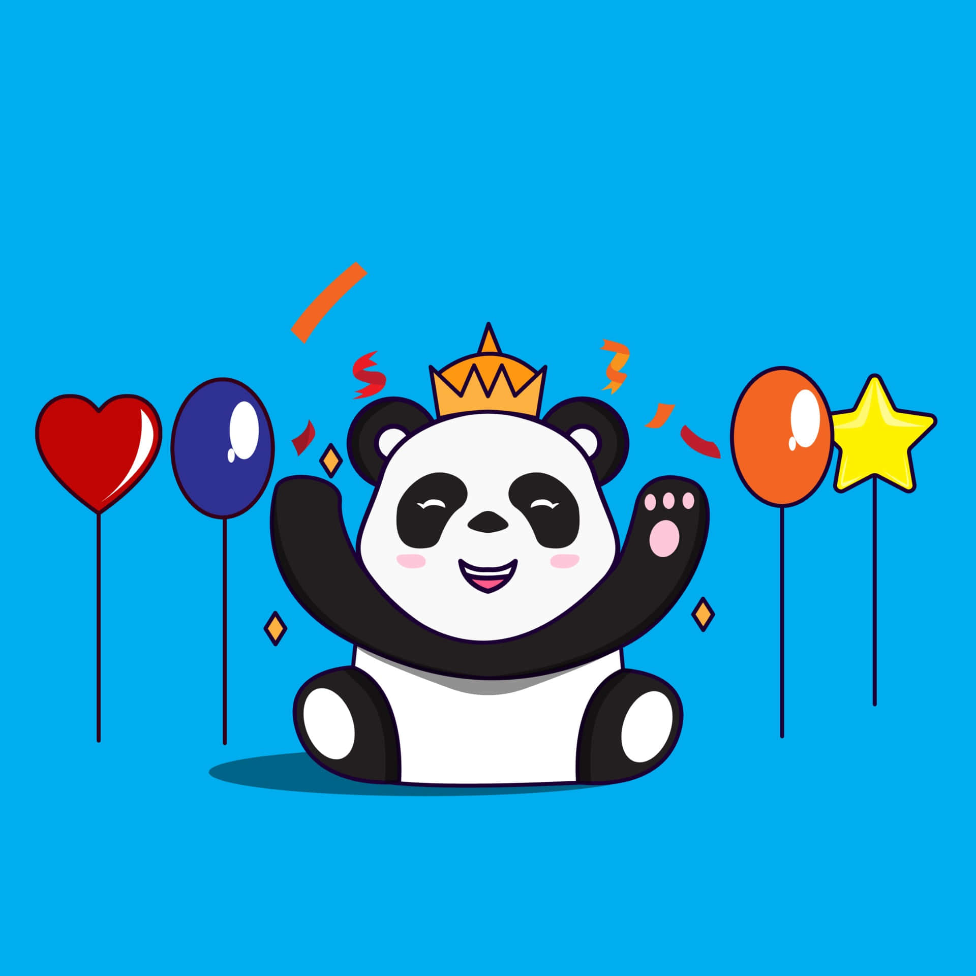 慶祝 桌布 壁紙 — 一隻戴著皇冠的快樂卡通熊貓在明亮的藍色背景下被彩色氣球和五彩紙屑包圍，開心地揮手。
