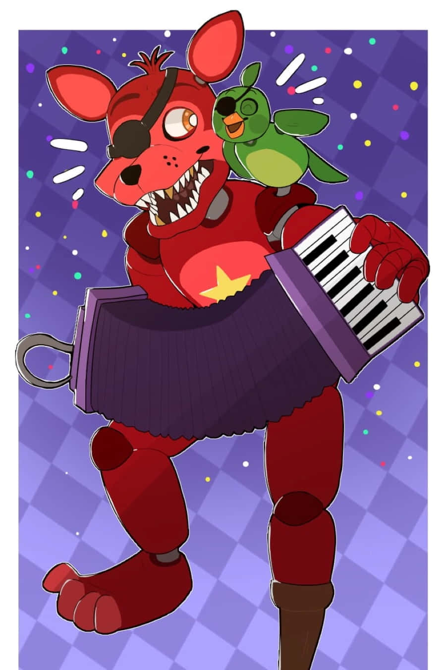 Foxy The Pirate 桌布 壁紙 — 一隻戴著眼罩的紅色電子狐狸正在演奏紫色手風琴，一隻綠色小鳥棲息在它的肩膀上，背景是閃閃發光的格子圖案。