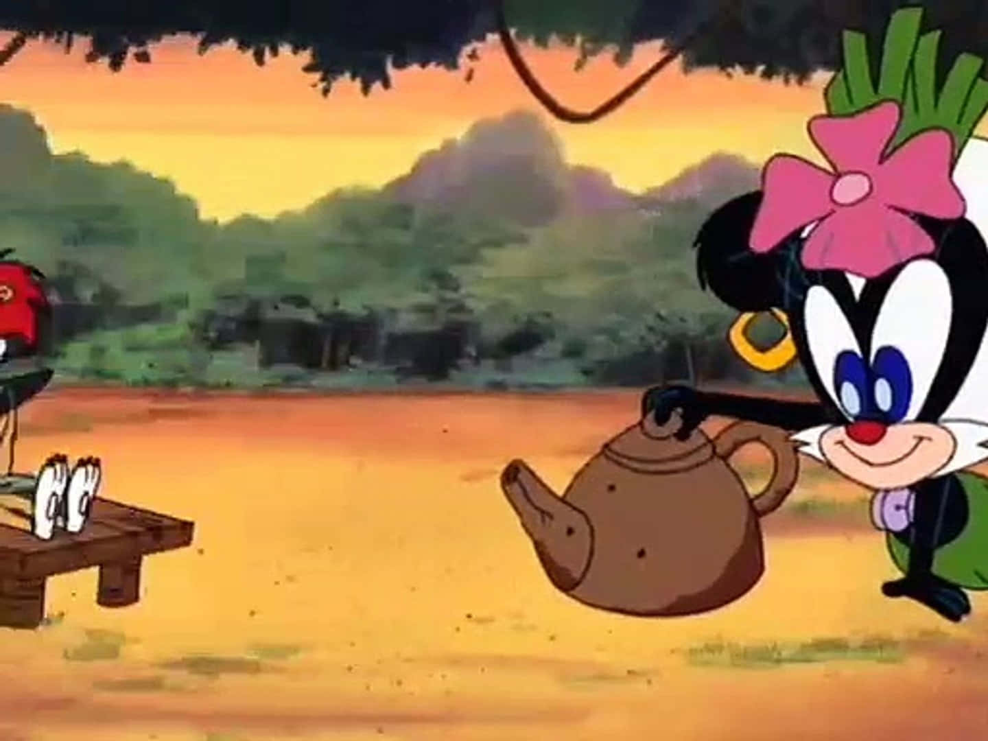 The Wacky World Of Tex Avery 桌布 壁紙 — 一隻戴著粉紅色花帽的卡通啄木鳥正從茶壺倒茶，而另一個角色在日落時分在長椅上放鬆。