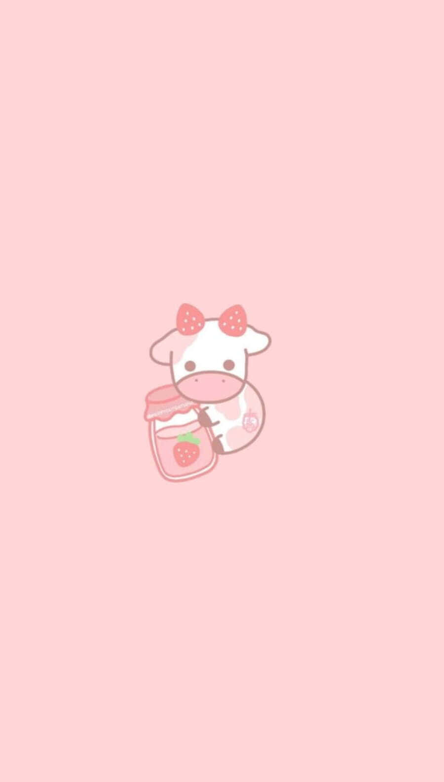 Kawaii Strawberry Cow 桌布 壁紙 — 一隻戴著粉紅色蝴蝶結的可愛卡通牛，在柔和的粉紅色背景上拿著一個草莓牛奶罐。