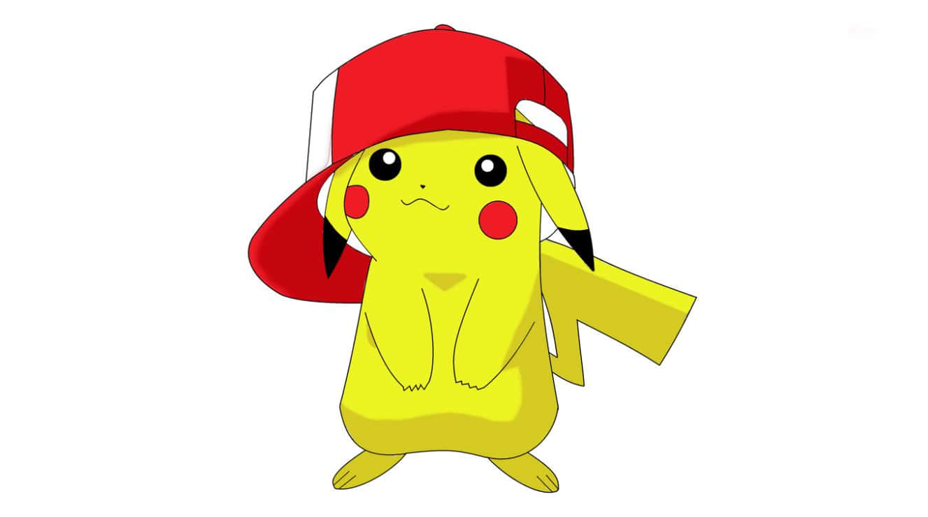 Pokemon Characters 桌布 壁紙 — 一隻戴著紅白棒球帽的開心黃色比卡超，站在純白色背景前。