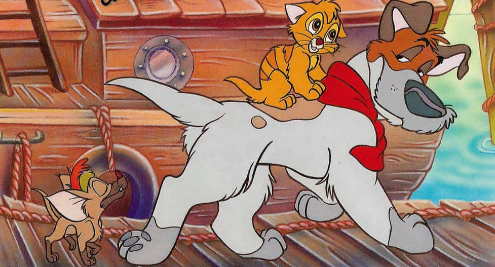 oliver and company 桌布 壁紙 — 一隻戴著紅色圍巾的卡通狗在木製船甲板上行走，一隻小老虎幼崽騎在牠的背上，還有一隻小鳥在附近。