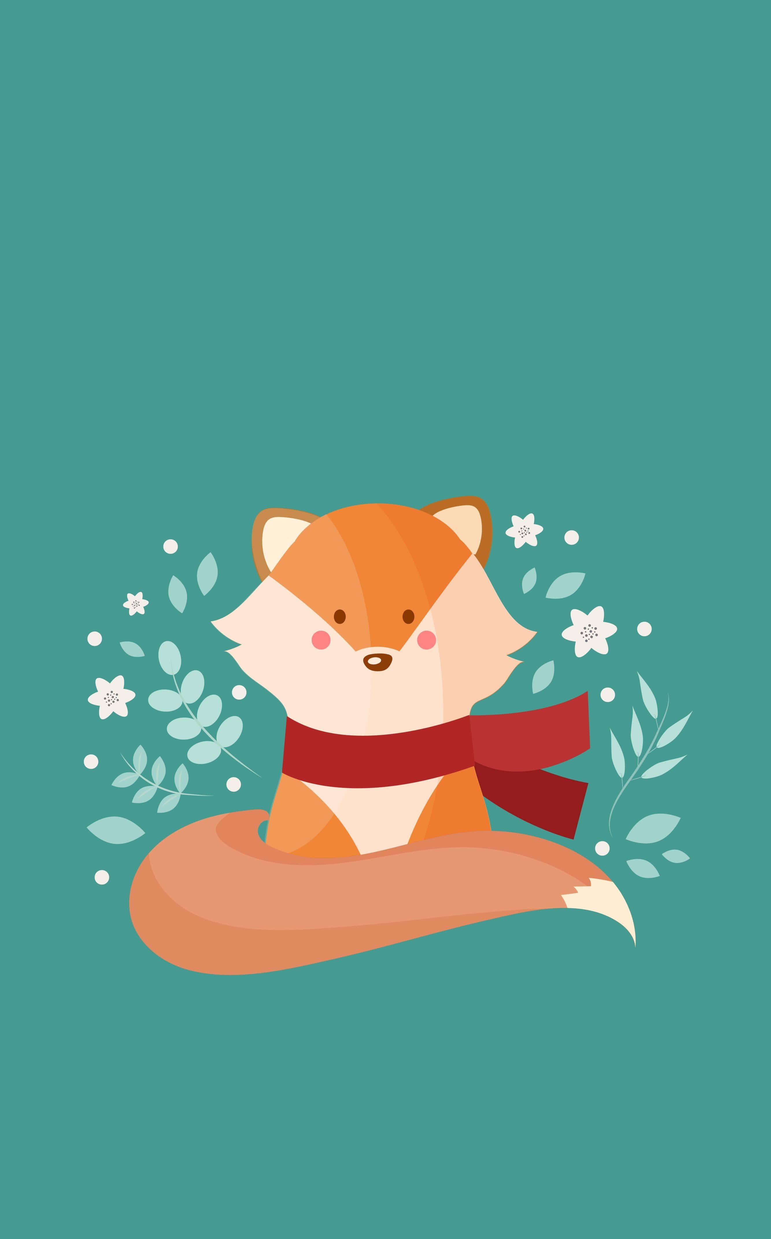 Kawaii Fox 桌布 壁紙 — 一隻戴著紅色圍巾的可愛卡通狐狸坐在青綠色背景上，周圍環繞著白色花朵和綠色葉子。