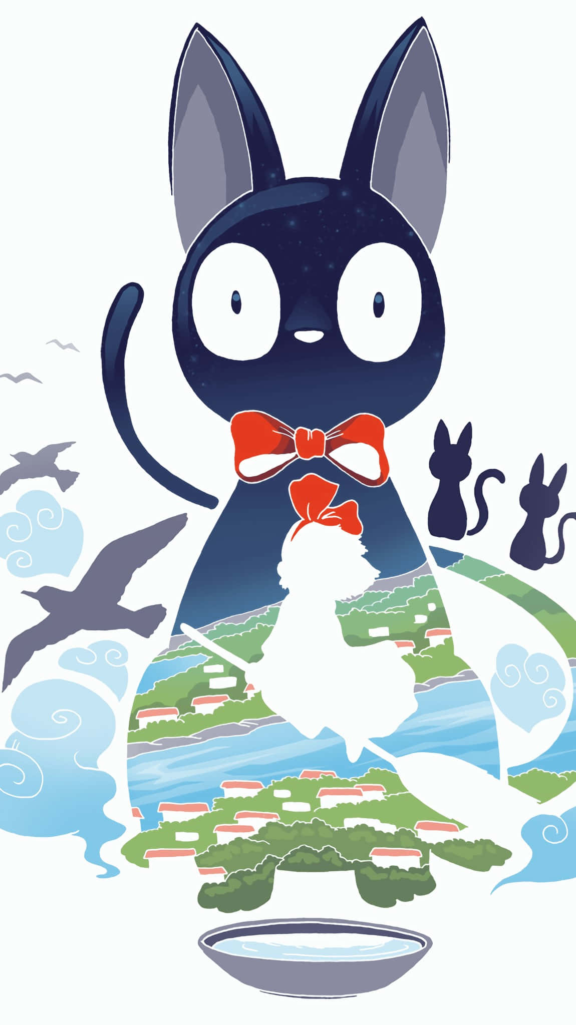 Jiji Cat 桌布 壁紙 — 一隻戴著紅色蝴蝶結的風格化黑貓漂浮在鳥兒和漩渦雲朵的村莊景觀上方。