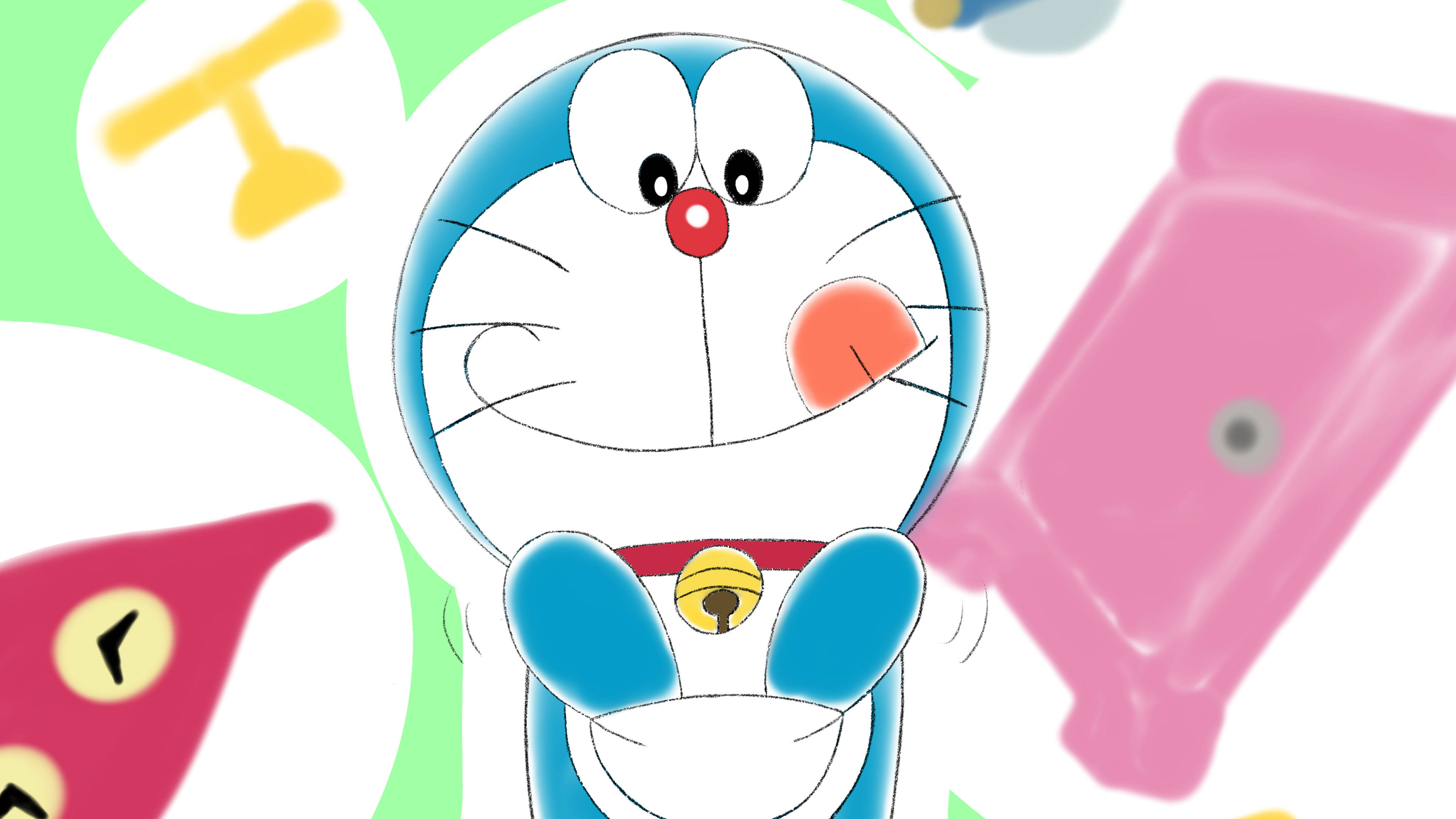 Doraemon 桌布 壁紙 — 一隻戴著紅色鼻子和鈴鐺項圈的開心藍色機械貓，在色彩繽紛的漂浮小工具和形狀中微笑。