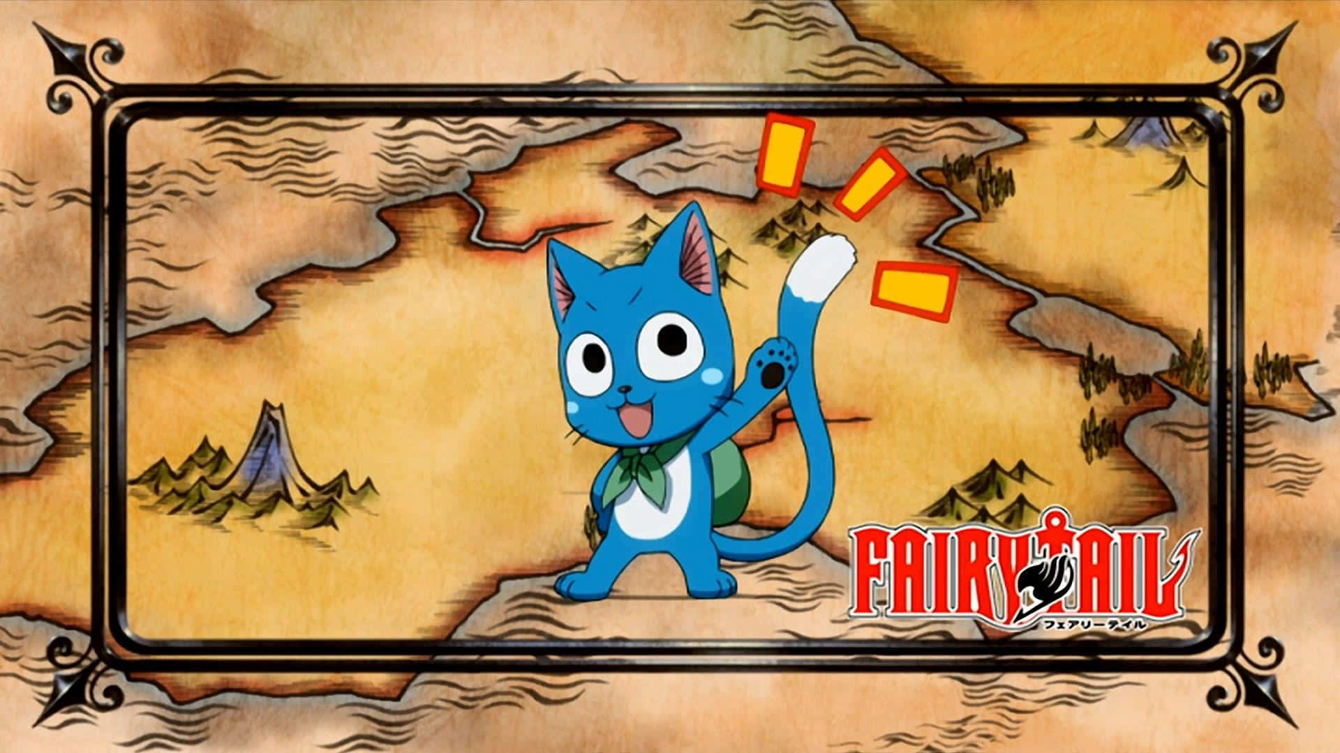 Fairy Tail Happy 桌布 壁紙 — 一隻戴著綠色圍巾的開心藍貓站在羊皮紙地圖上，向觀眾揮手，上方漂浮著發光的橙色卡片。